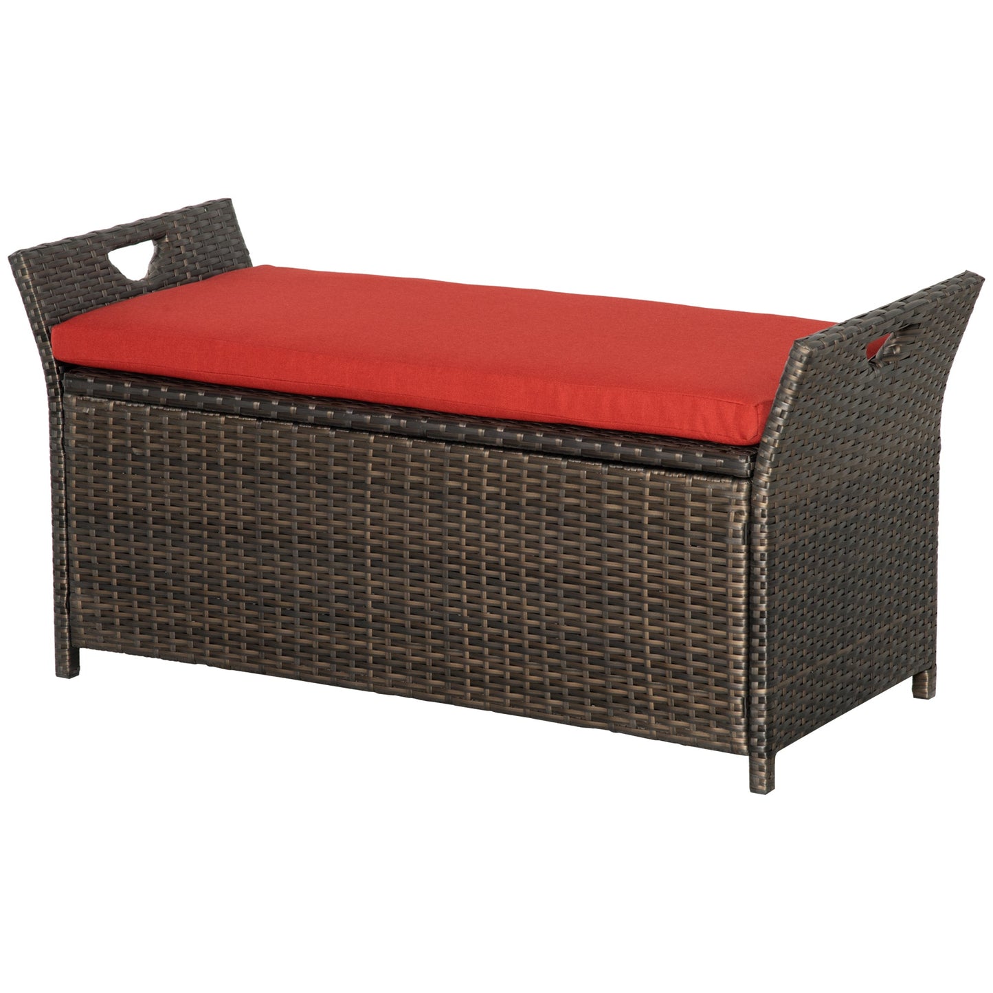 2-In-1 Patio Wicker Storage Bench, 29 Gallon Outdoor PE Rattan Patio Furniture, Large Capacity Rectangle Basket Box with Handles and Cushion, Red