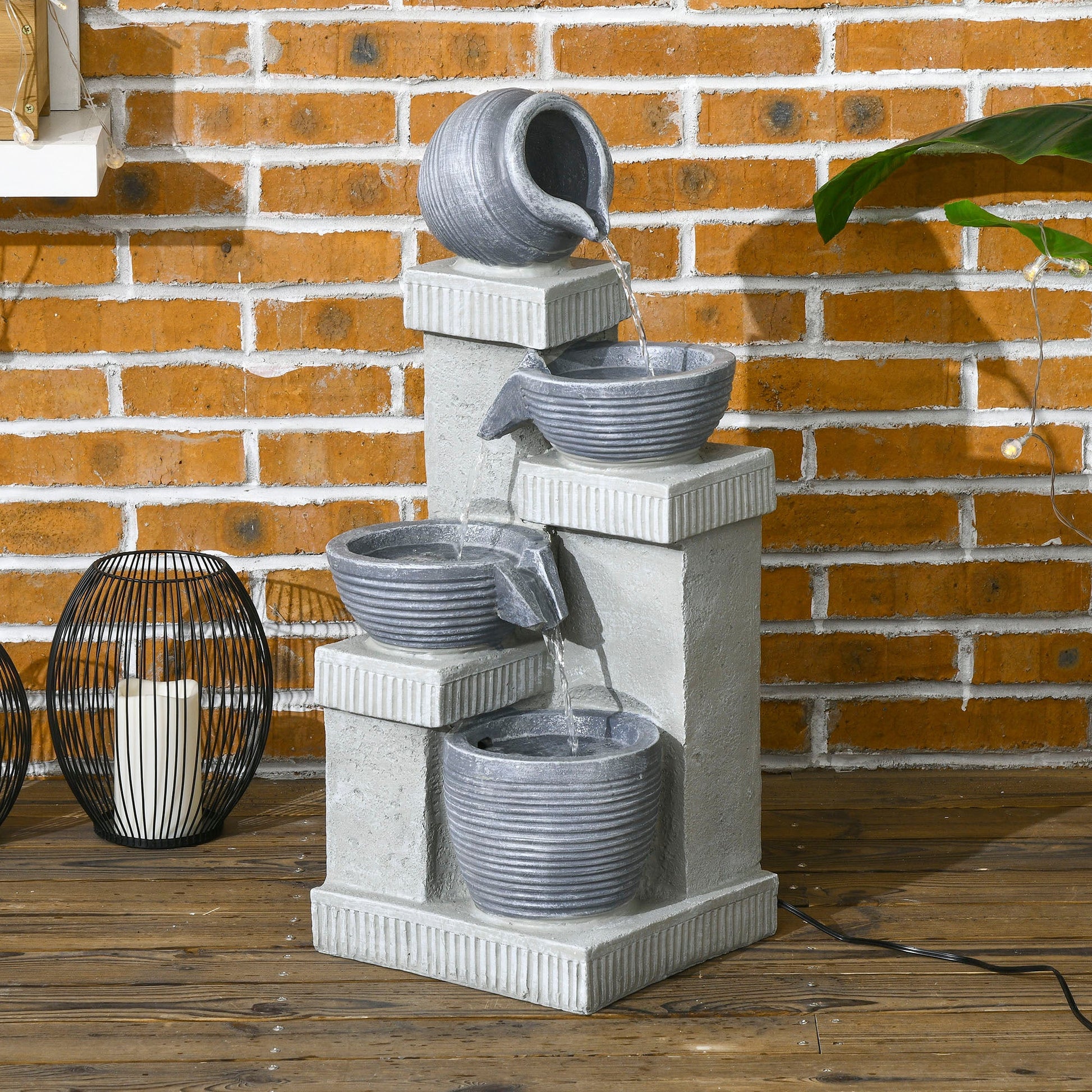 Jar and Bowls Cascading Water Fountain, 4-Tier Waterfall Fountain with LED Lights, Adjustable Flow, 26.4 inch Resin Outdoor Fountain for Zen Garden, Deck, Porch, Backyard
