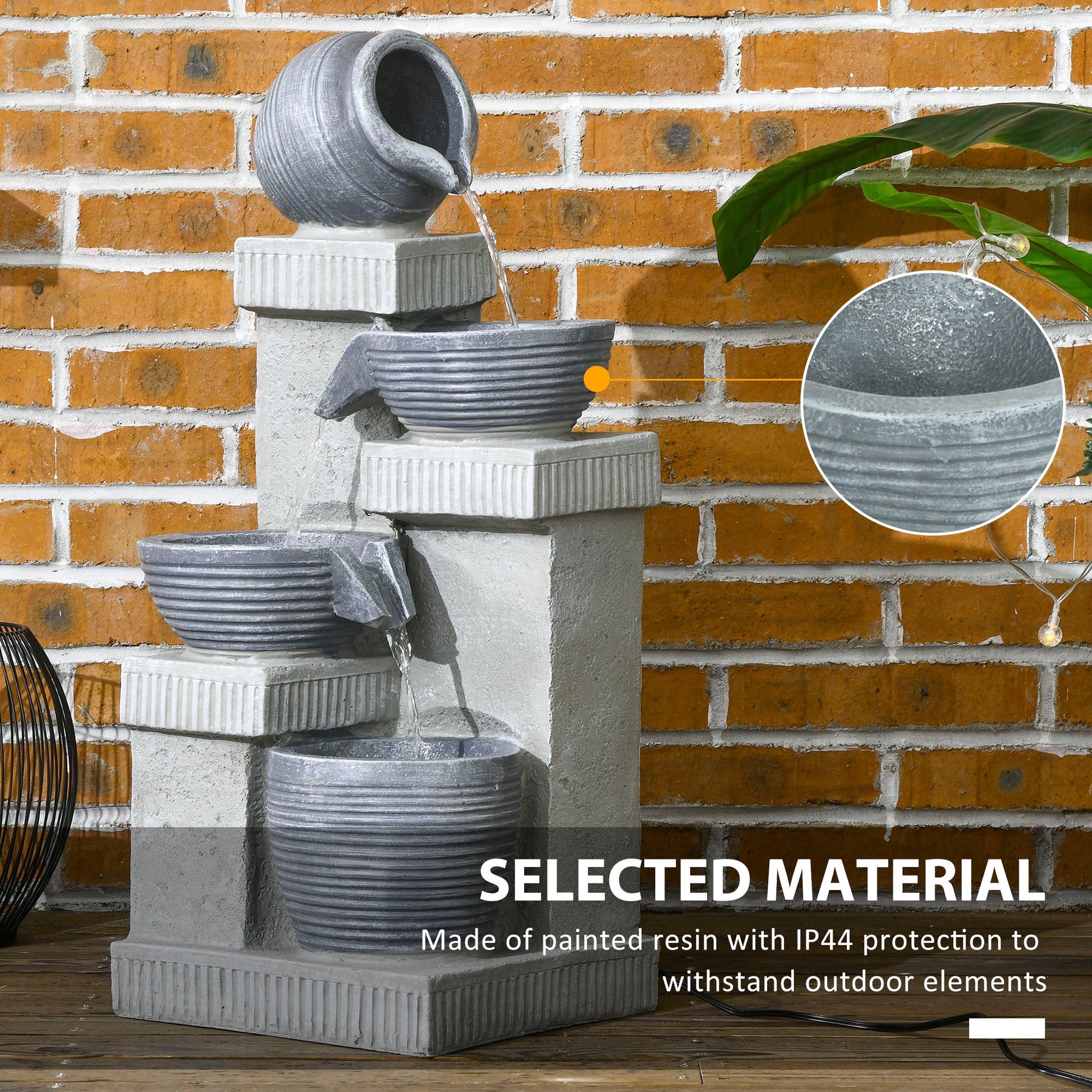 Jar and Bowls Cascading Water Fountain, 4-Tier Waterfall Fountain with LED Lights, Adjustable Flow, 26.4 inch Resin Outdoor Fountain for Zen Garden, Deck, Porch, Backyard