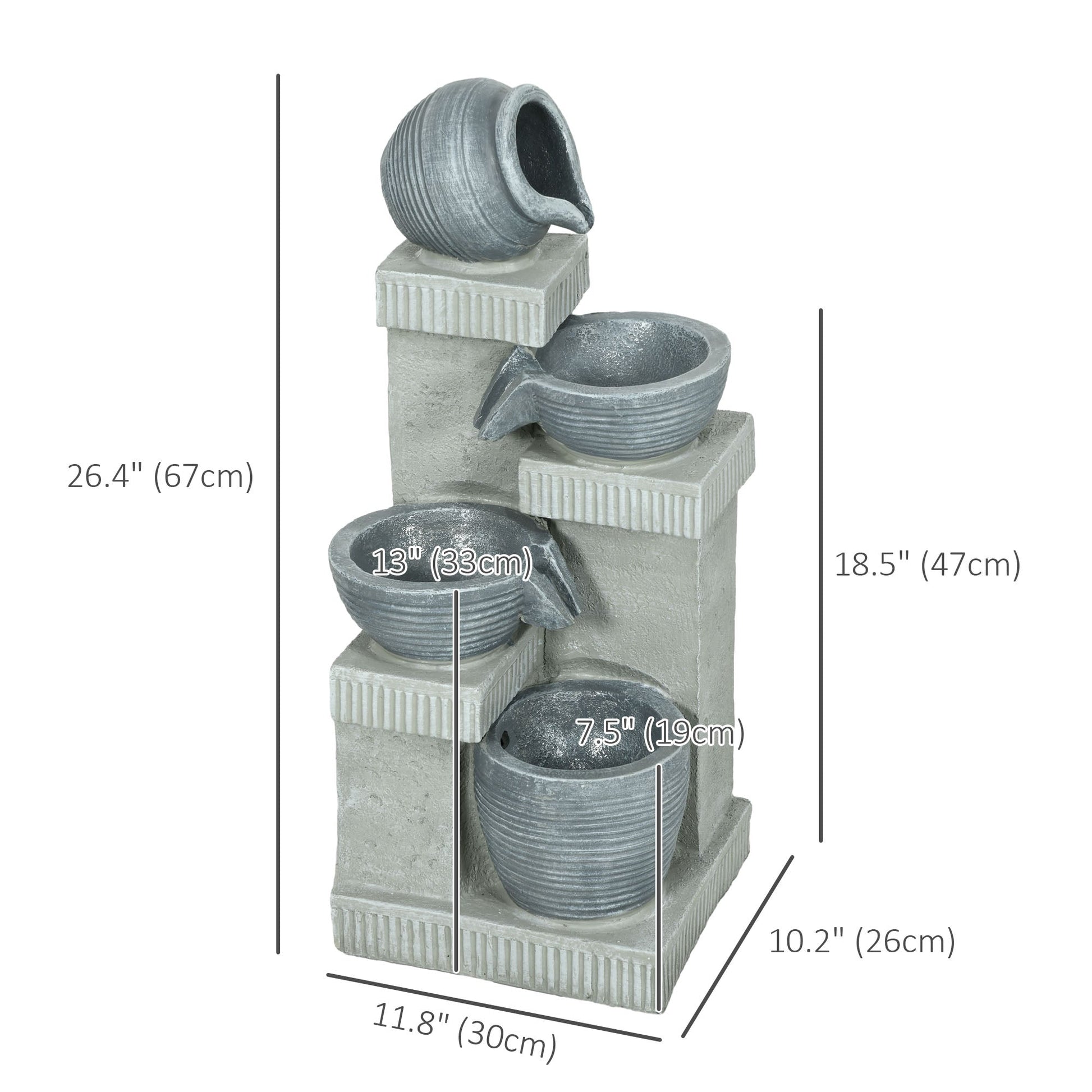 Jar and Bowls Cascading Water Fountain, 4-Tier Waterfall Fountain with LED Lights, Adjustable Flow, 26.4 inch Resin Outdoor Fountain for Zen Garden, Deck, Porch, Backyard