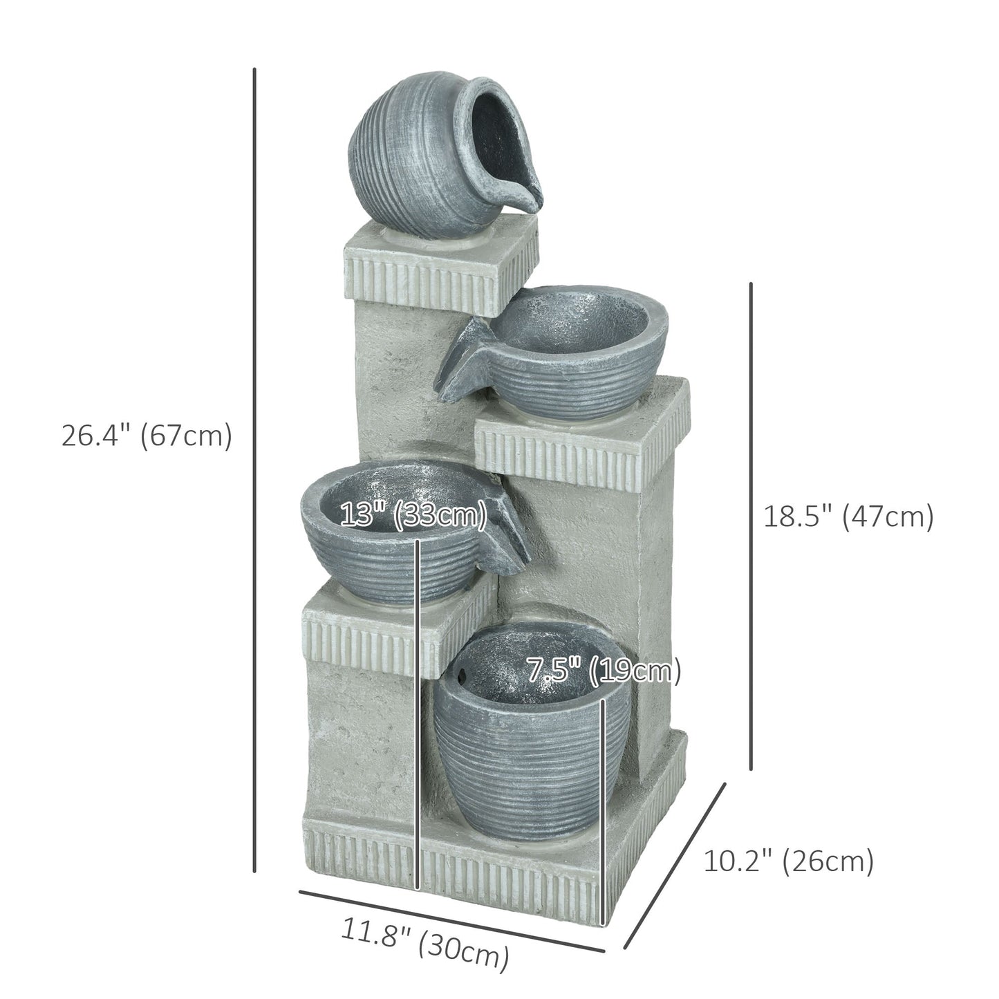 Jar and Bowls Cascading Water Fountain, 4-Tier Waterfall Fountain with LED Lights, Adjustable Flow, 26.4 inch Resin Outdoor Fountain for Zen Garden, Deck, Porch, Backyard