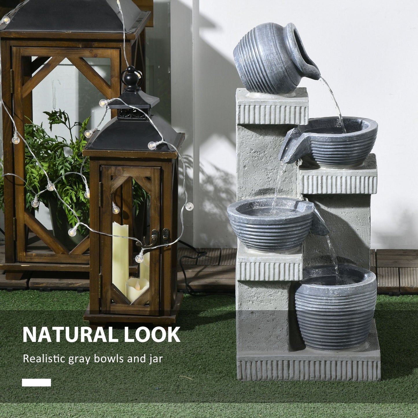 Jar and Bowls Cascading Water Fountain, 4-Tier Waterfall Fountain with LED Lights, Adjustable Flow, 26.4 inch Resin Outdoor Fountain for Zen Garden, Deck, Porch, Backyard