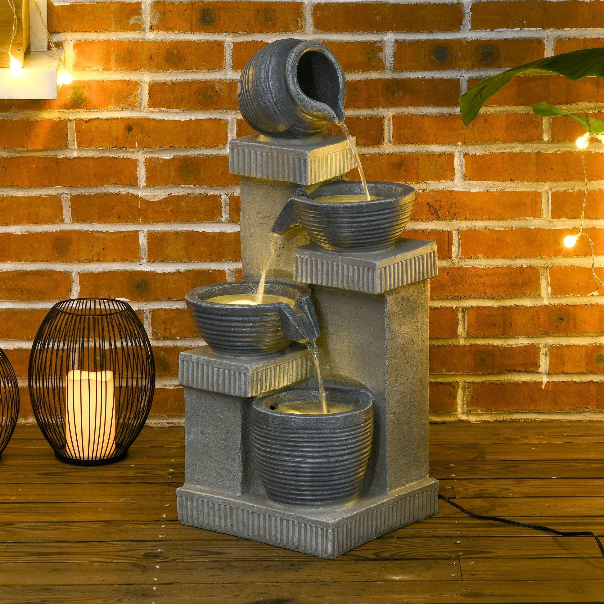 Jar and Bowls Cascading Water Fountain, 4-Tier Waterfall Fountain with LED Lights, Adjustable Flow, 26.4 inch Resin Outdoor Fountain for Zen Garden, Deck, Porch, Backyard