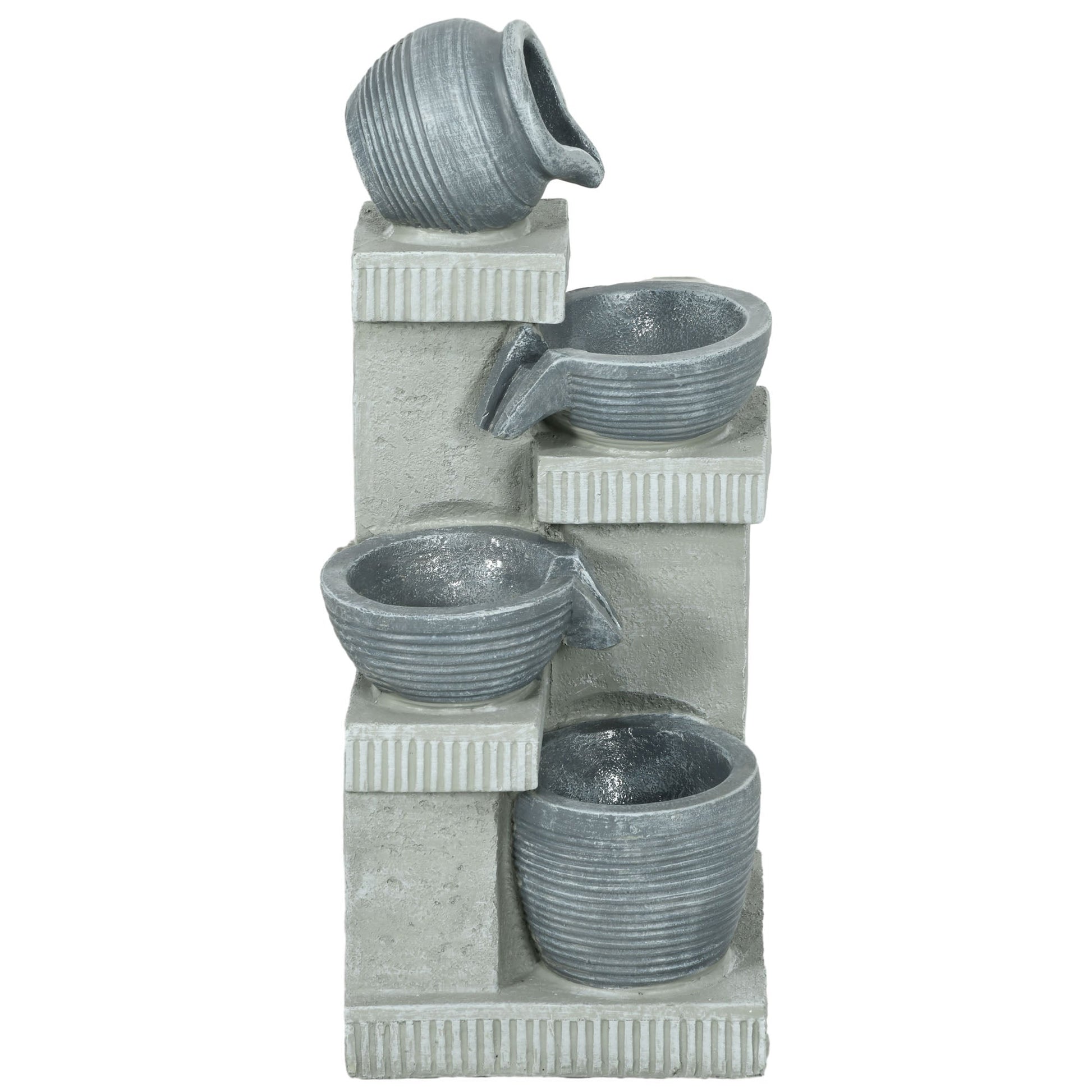 Jar and Bowls Cascading Water Fountain, 4-Tier Waterfall Fountain with LED Lights, Adjustable Flow, 26.4 inch Resin Outdoor Fountain for Zen Garden, Deck, Porch, Backyard