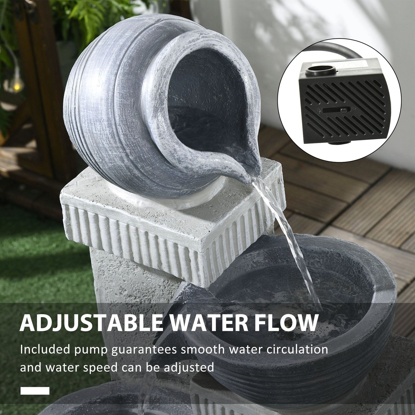 Jar and Bowls Cascading Water Fountain, 4-Tier Waterfall Fountain with LED Lights, Adjustable Flow, 26.4 inch Resin Outdoor Fountain for Zen Garden, Deck, Porch, Backyard
