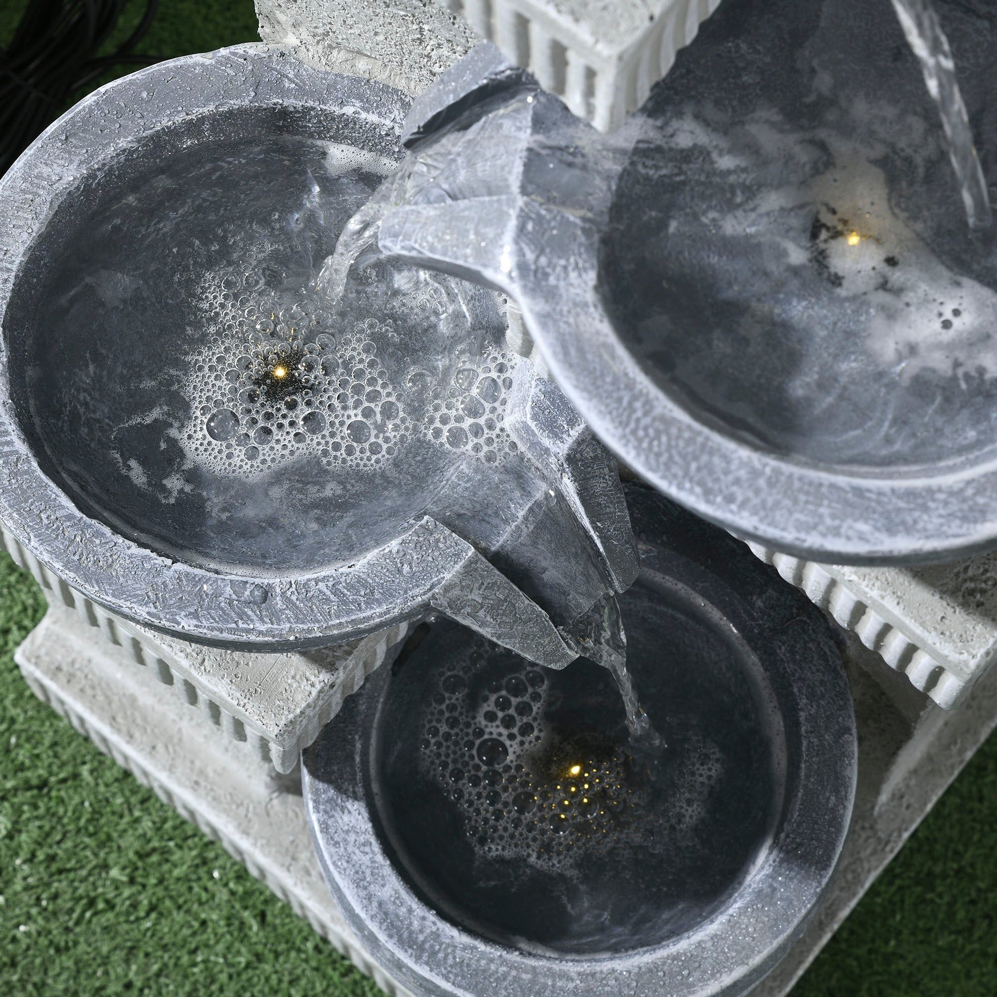 Jar and Bowls Cascading Water Fountain, 4-Tier Waterfall Fountain with LED Lights, Adjustable Flow, 26.4 inch Resin Outdoor Fountain for Zen Garden, Deck, Porch, Backyard