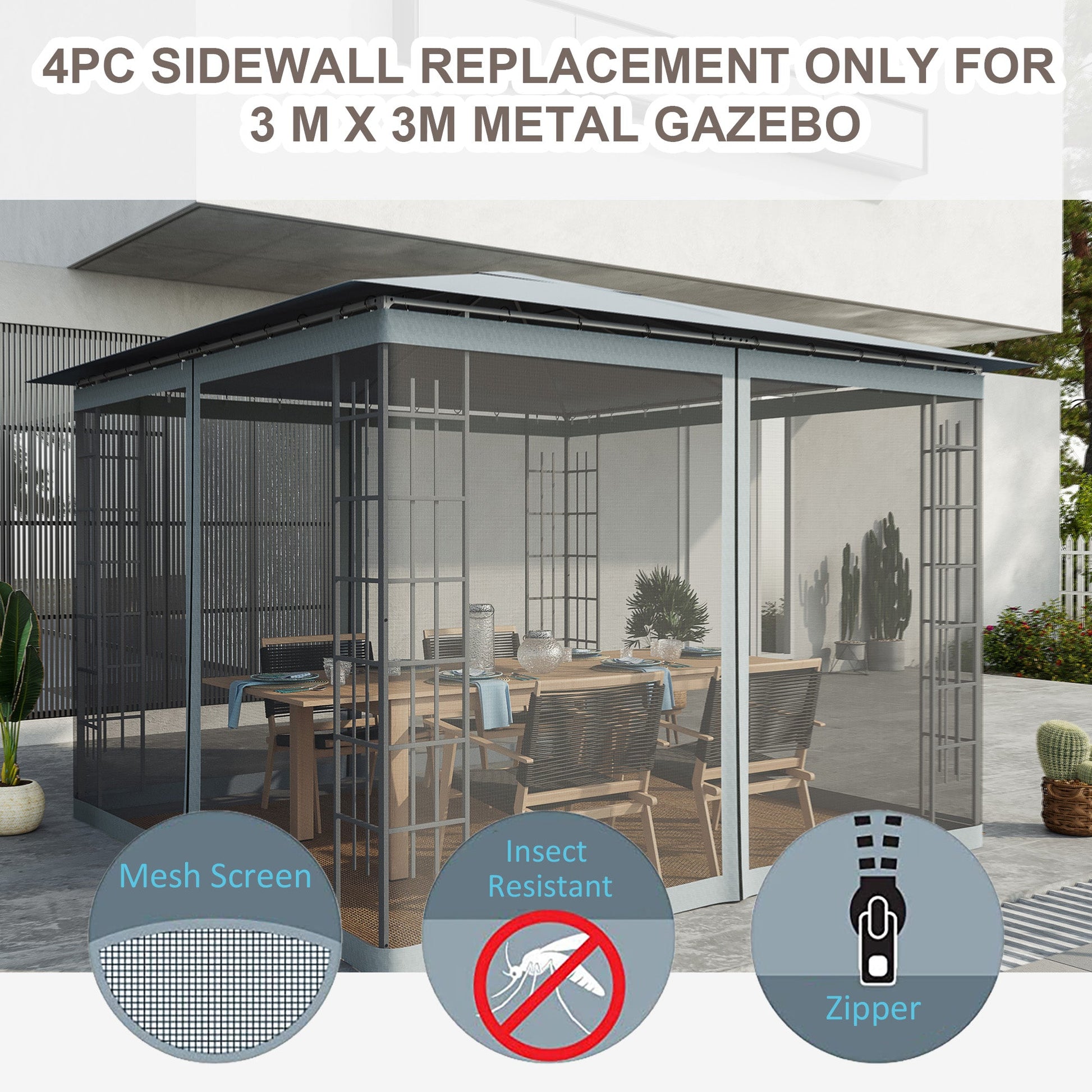 Replacement Mosquito Netting for Gazebo 10' x 10' Black Screen Walls for Canopy with Zippers for Parties and Outdoor Activities, Dark Grey