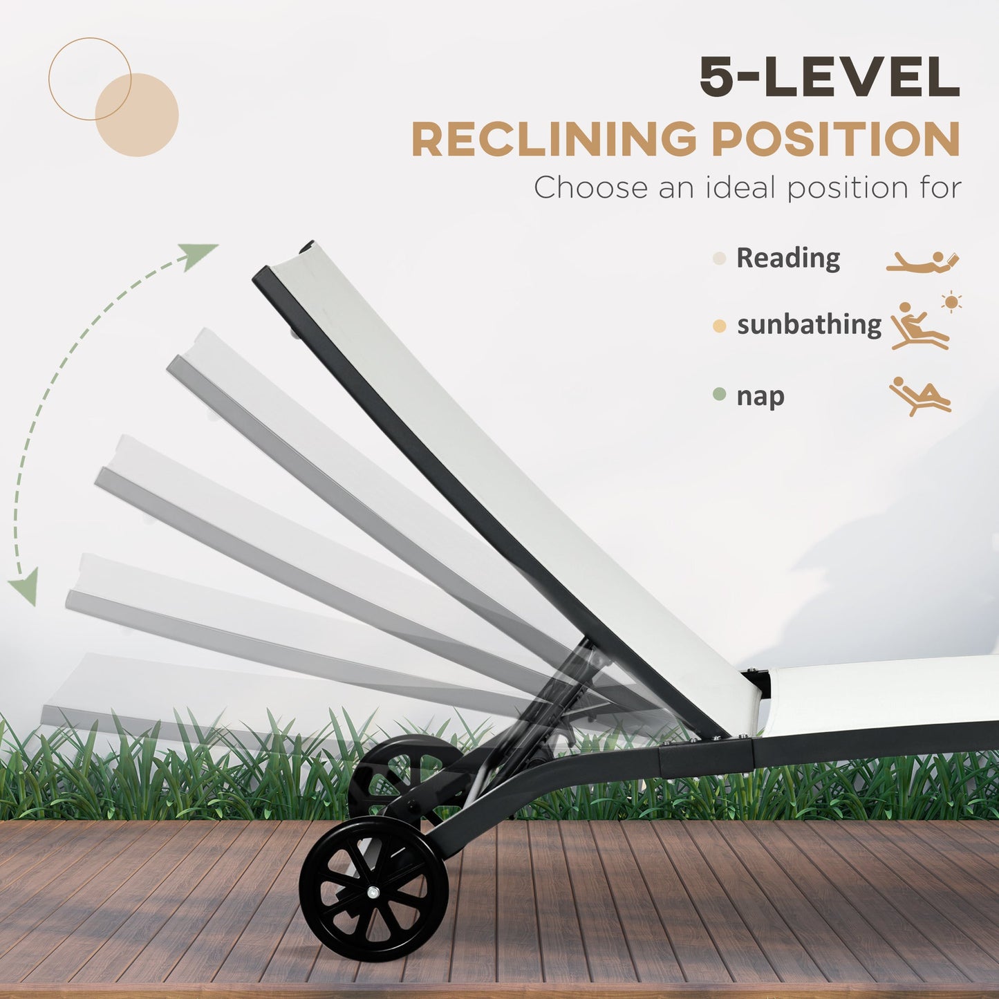 Lounge Chair Outdoor Set of 2 with Wheels, 5-Position Reclining Chaise Lounge Tanning Chair, Breathable Mesh Sun Lounger for Patio, Backyard, Beach, Poolside, Cream White