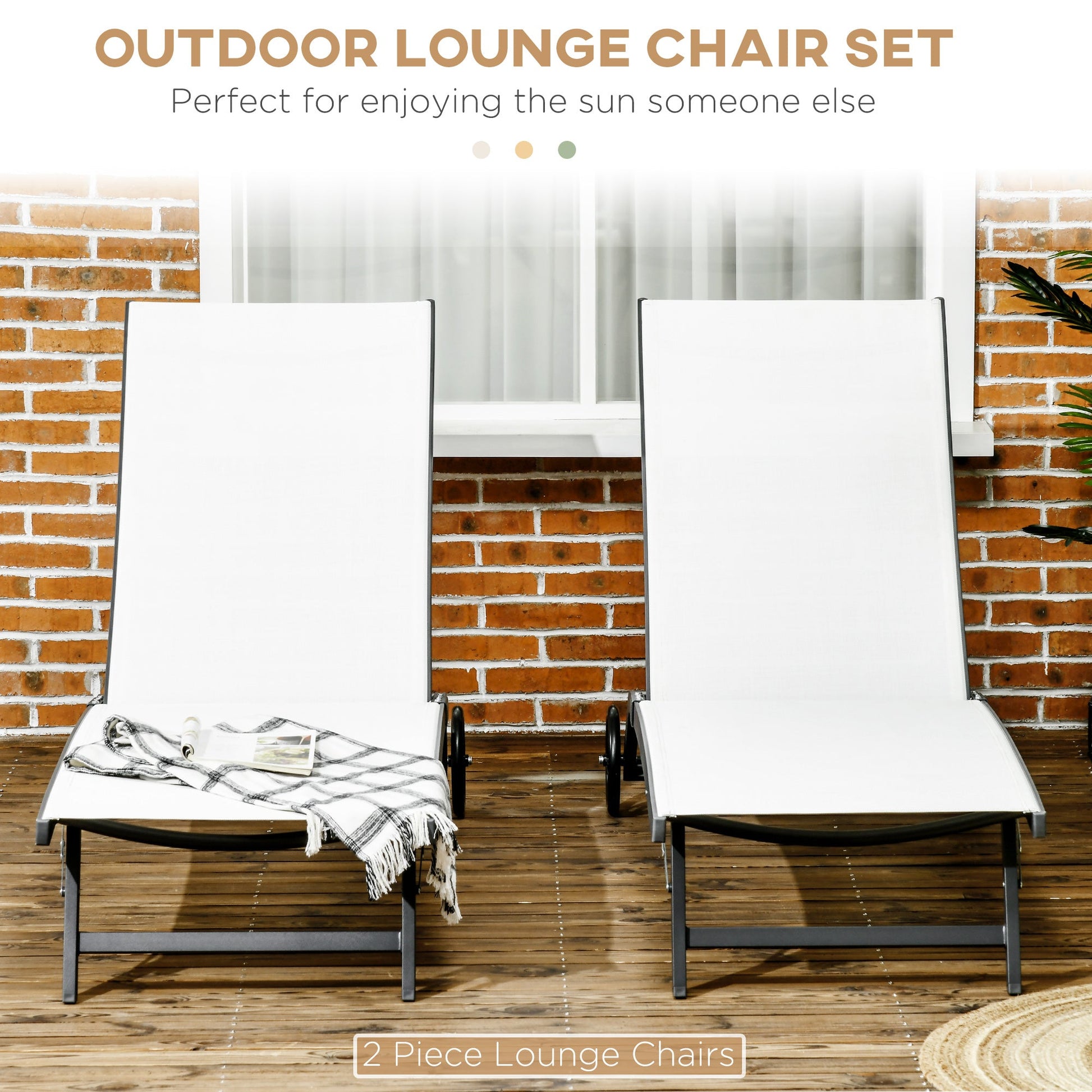 Lounge Chair Outdoor Set of 2 with Wheels, 5-Position Reclining Chaise Lounge Tanning Chair, Breathable Mesh Sun Lounger for Patio, Backyard, Beach, Poolside, Cream White