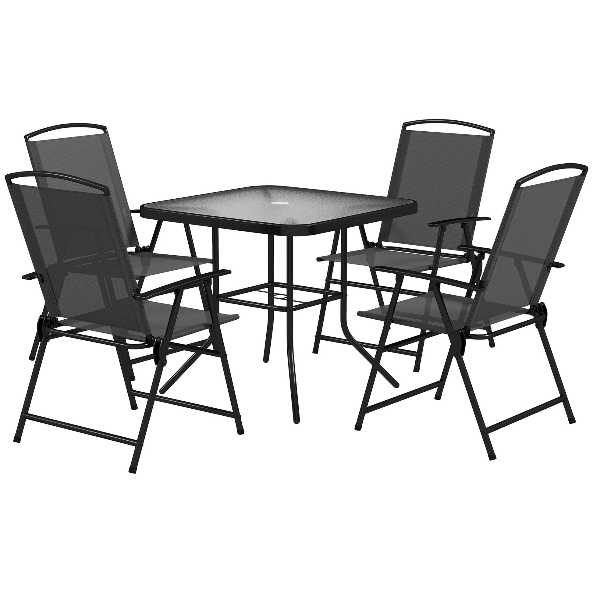 5 Pieces Patio Dining Set for 4, Outdoor Dining Set with Glass Top Table and 4 Mesh Folding Chairs, Small Outdoor Patio Furniture for Garden Backyard Poolside, Grey