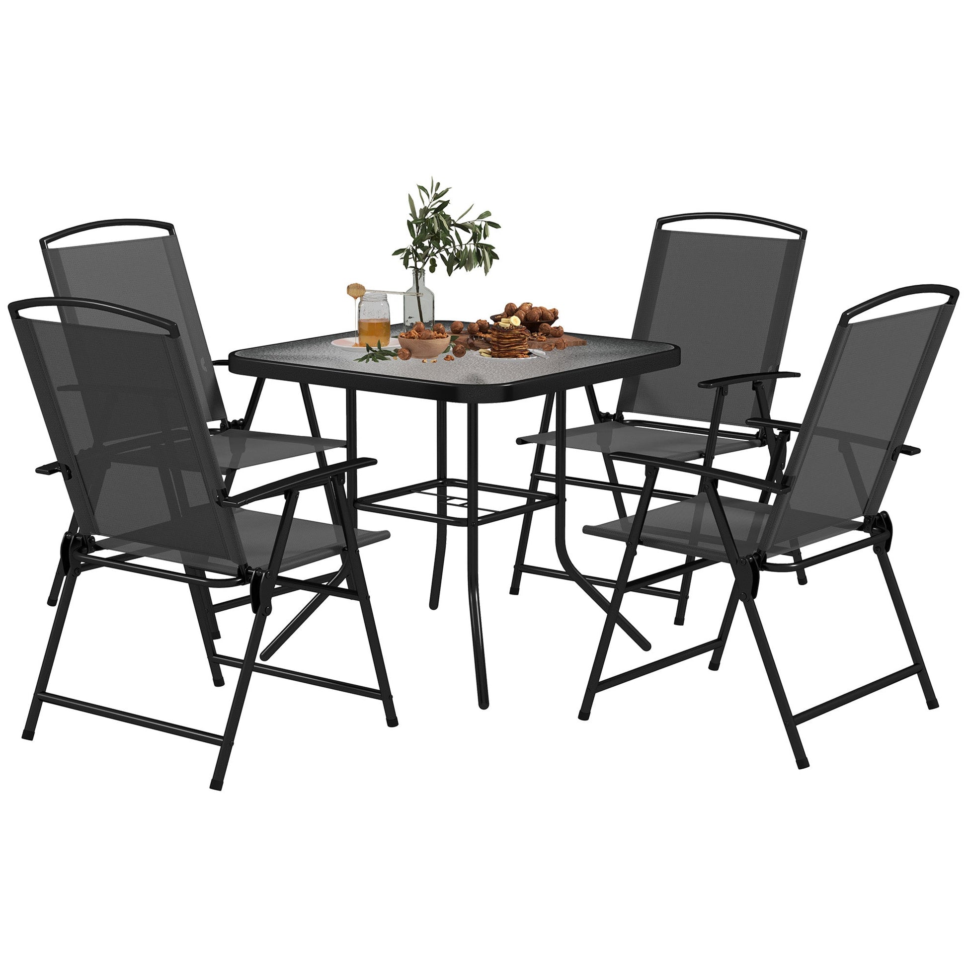 5 Pieces Patio Dining Set for 4, Outdoor Dining Set with Glass Top Table and 4 Mesh Folding Chairs, Small Outdoor Patio Furniture for Garden Backyard Poolside, Grey
