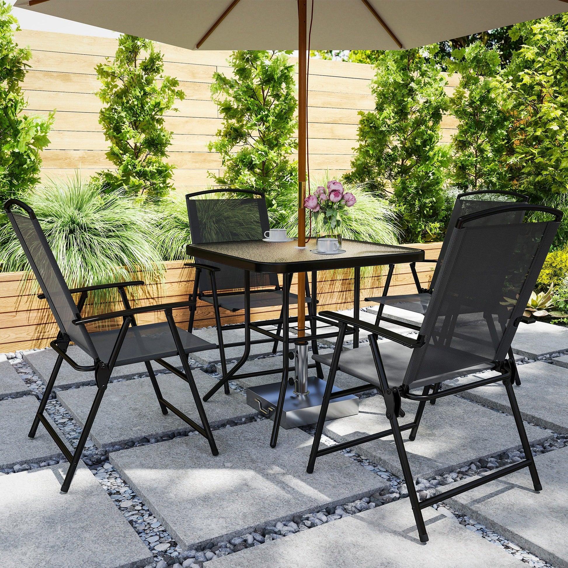 5 Pieces Patio Dining Set for 4, Outdoor Dining Set with Glass Top Table and 4 Mesh Folding Chairs, Small Outdoor Patio Furniture for Garden Backyard Poolside, Grey