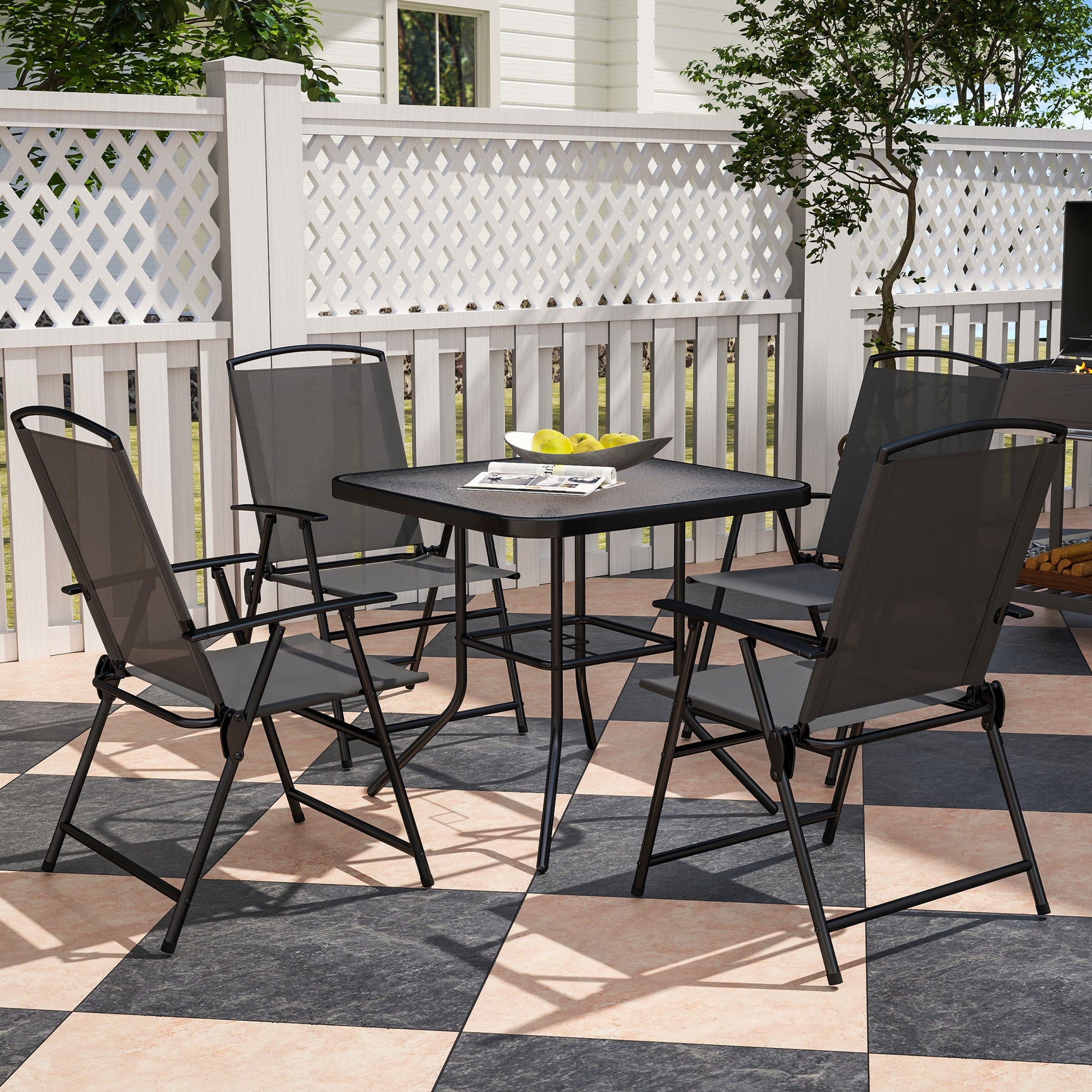 5 Pieces Patio Dining Set for 4, Outdoor Dining Set with Glass Top Table and 4 Mesh Folding Chairs, Small Outdoor Patio Furniture for Garden Backyard Poolside, Grey