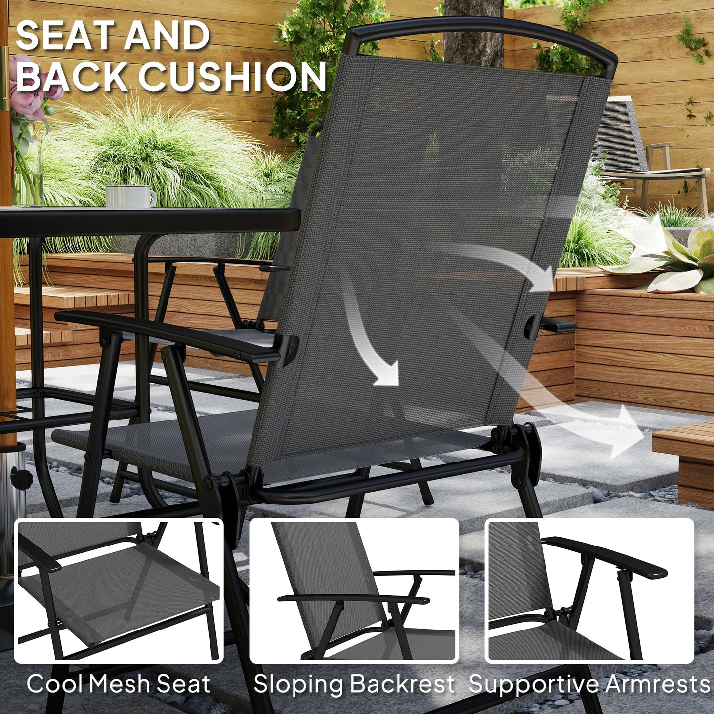 5 Pieces Patio Dining Set for 4, Outdoor Dining Set with Glass Top Table and 4 Mesh Folding Chairs, Small Outdoor Patio Furniture for Garden Backyard Poolside, Grey