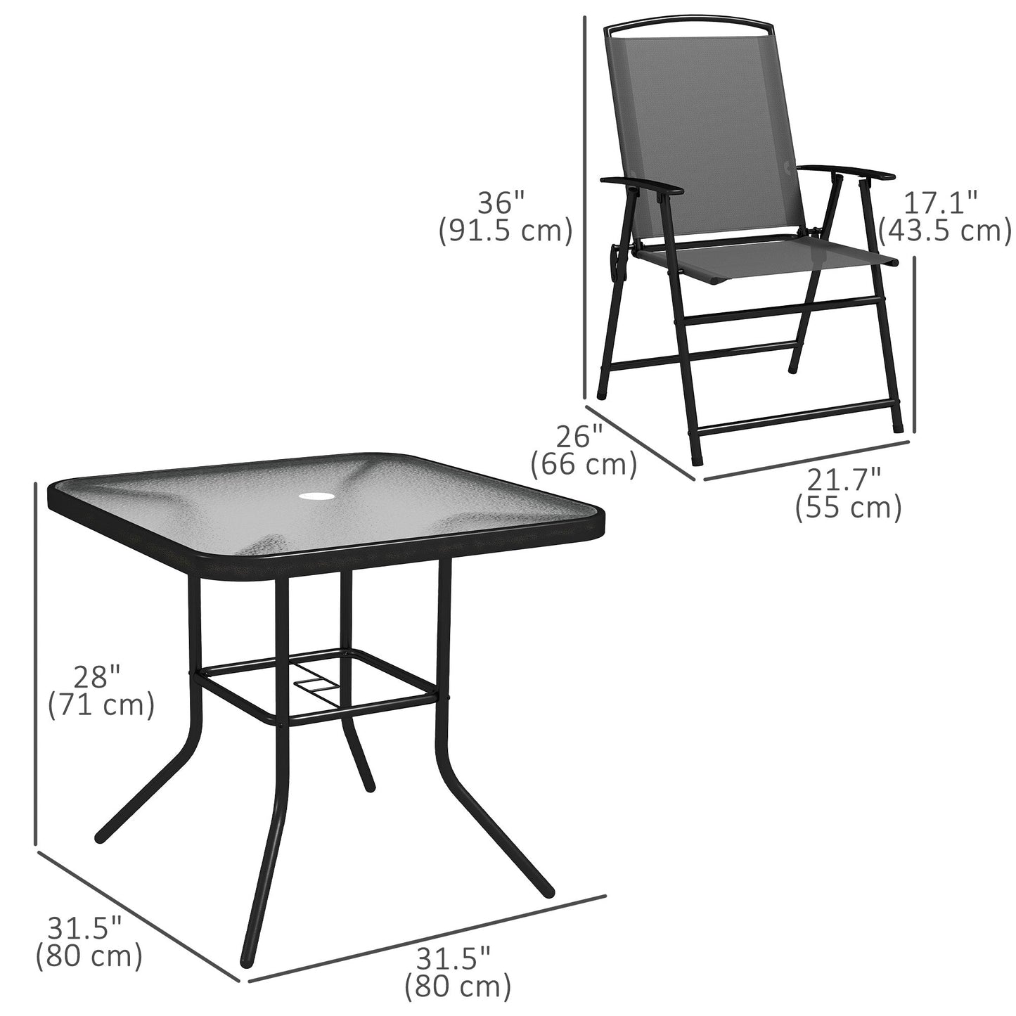 5 Pieces Patio Dining Set for 4, Outdoor Dining Set with Glass Top Table and 4 Mesh Folding Chairs, Small Outdoor Patio Furniture for Garden Backyard Poolside, Grey