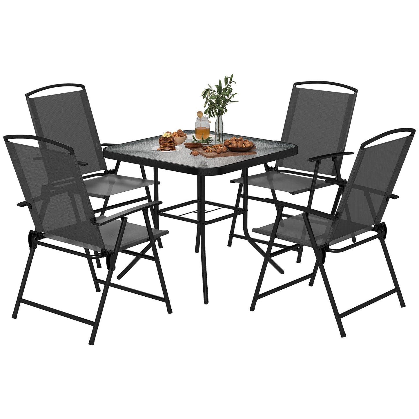 5 Pieces Patio Dining Set for 4, Outdoor Dining Set with Glass Top Table and 4 Mesh Folding Chairs, Small Outdoor Patio Furniture for Garden Backyard Poolside, Grey