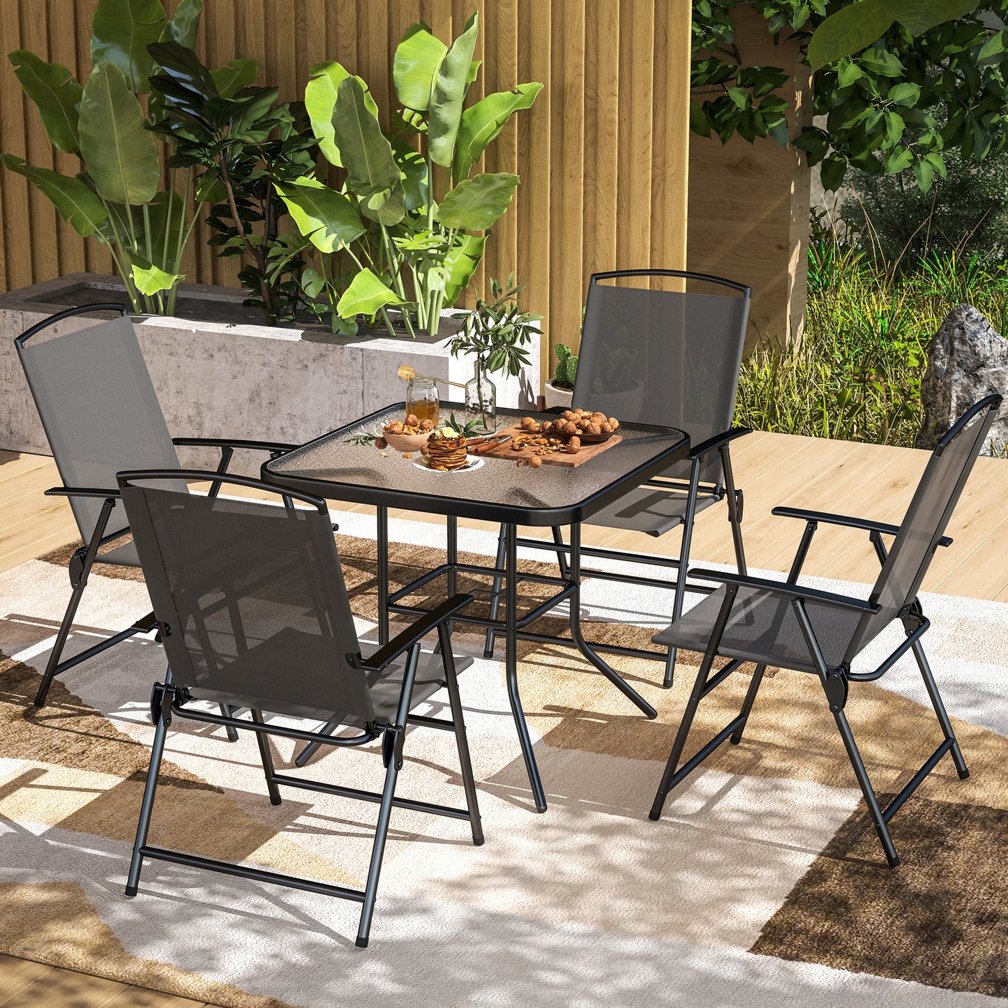 5 Pieces Patio Dining Set for 4, Outdoor Dining Set with Glass Top Table and 4 Mesh Folding Chairs, Small Outdoor Patio Furniture for Garden Backyard Poolside, Grey