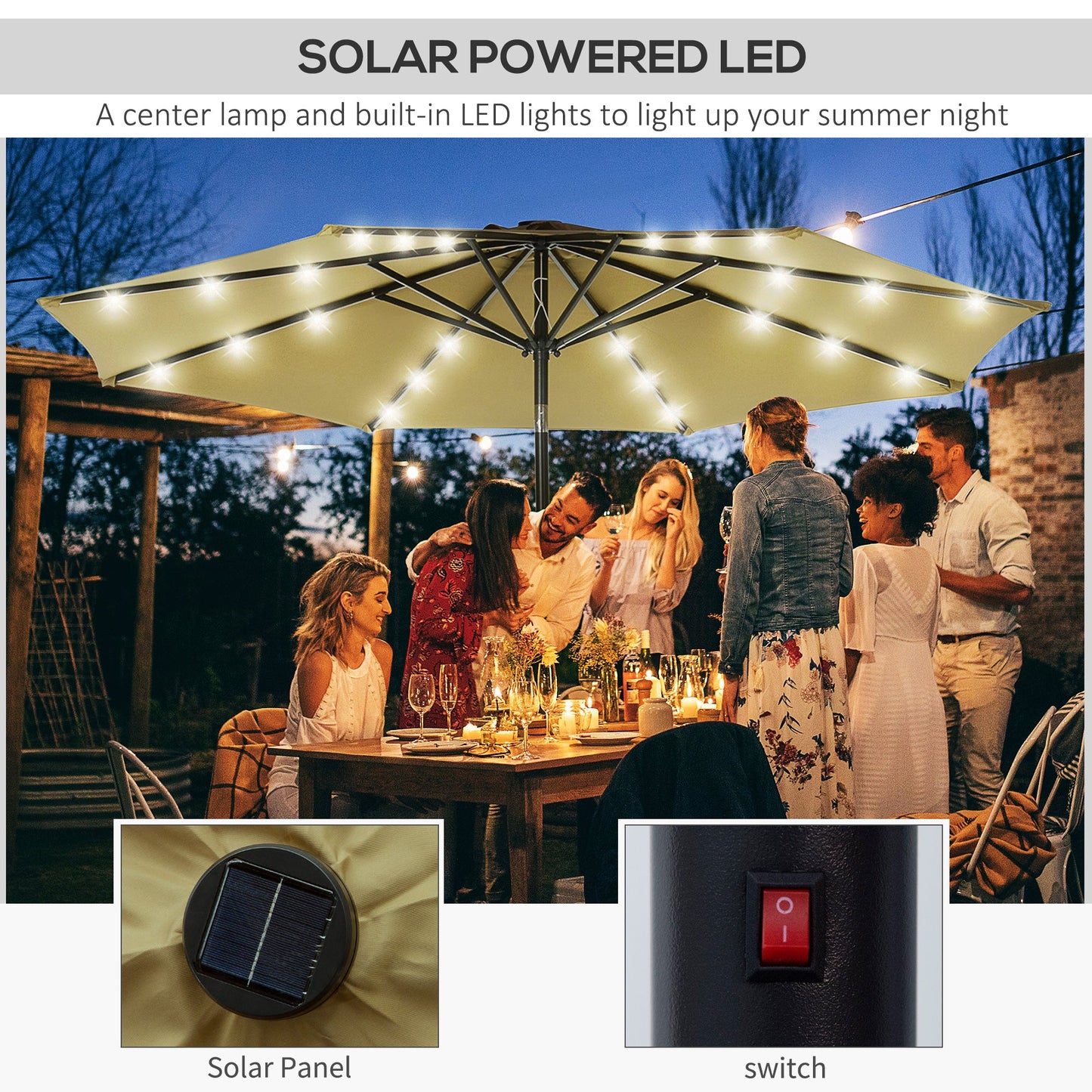 9ft Solar Patio Umbrella Outdoor Sunshade 24 LED Lights Tilt Canopy, Brown