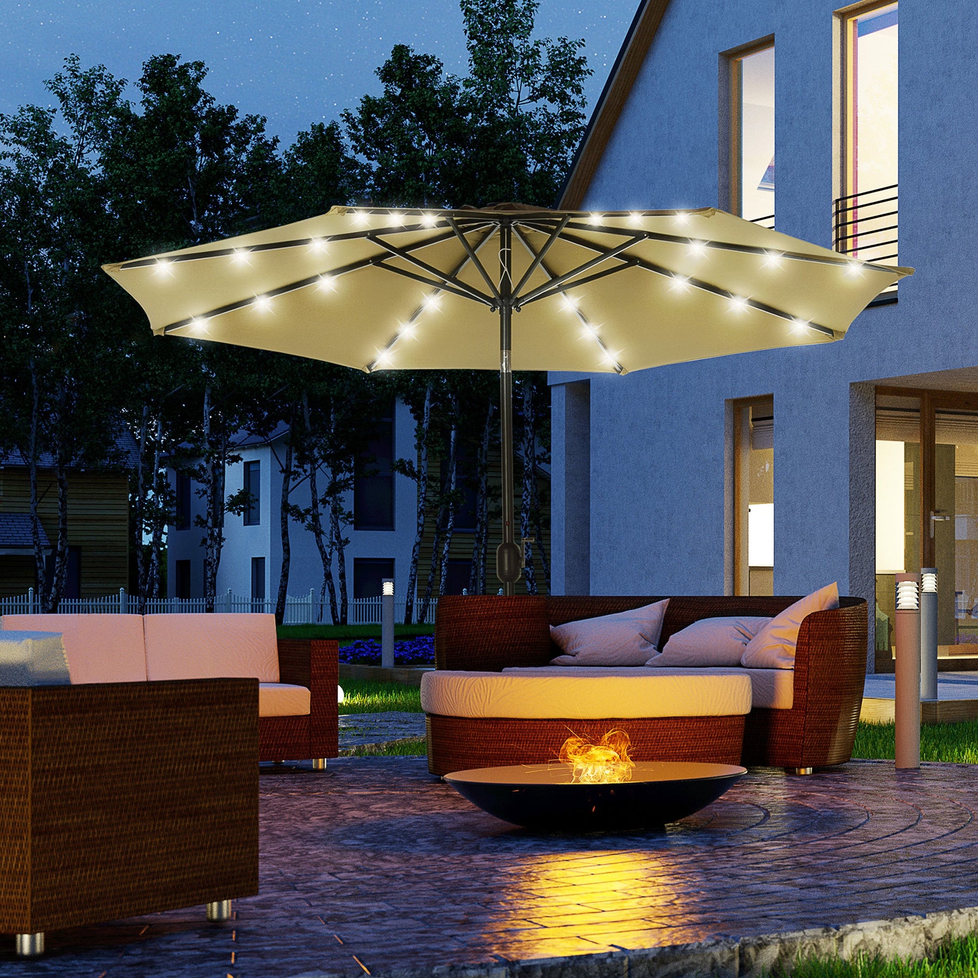 9ft Solar Patio Umbrella Outdoor Sunshade 24 LED Lights Tilt Canopy, Brown
