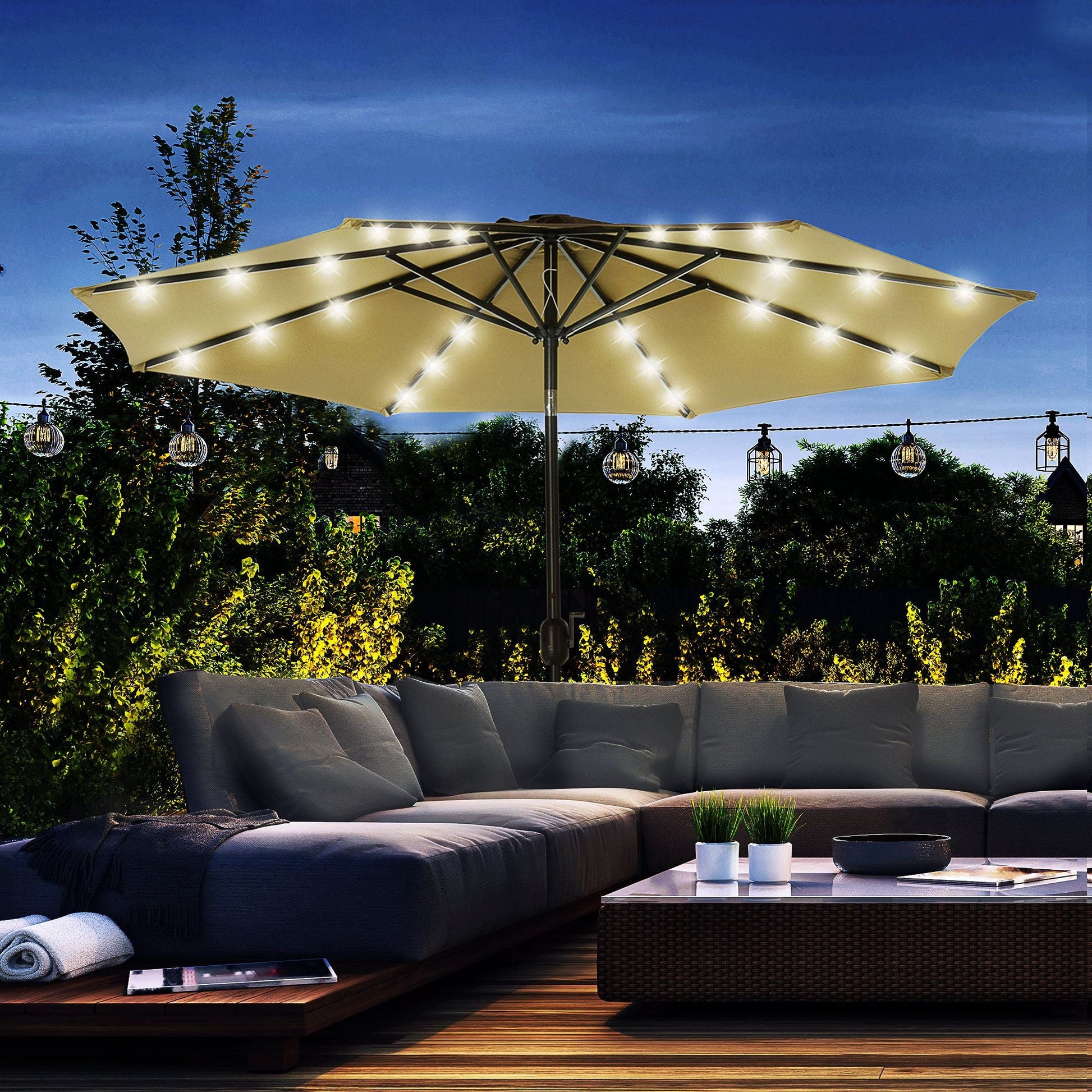 9ft Solar Patio Umbrella Outdoor Sunshade 24 LED Lights Tilt Canopy, Brown