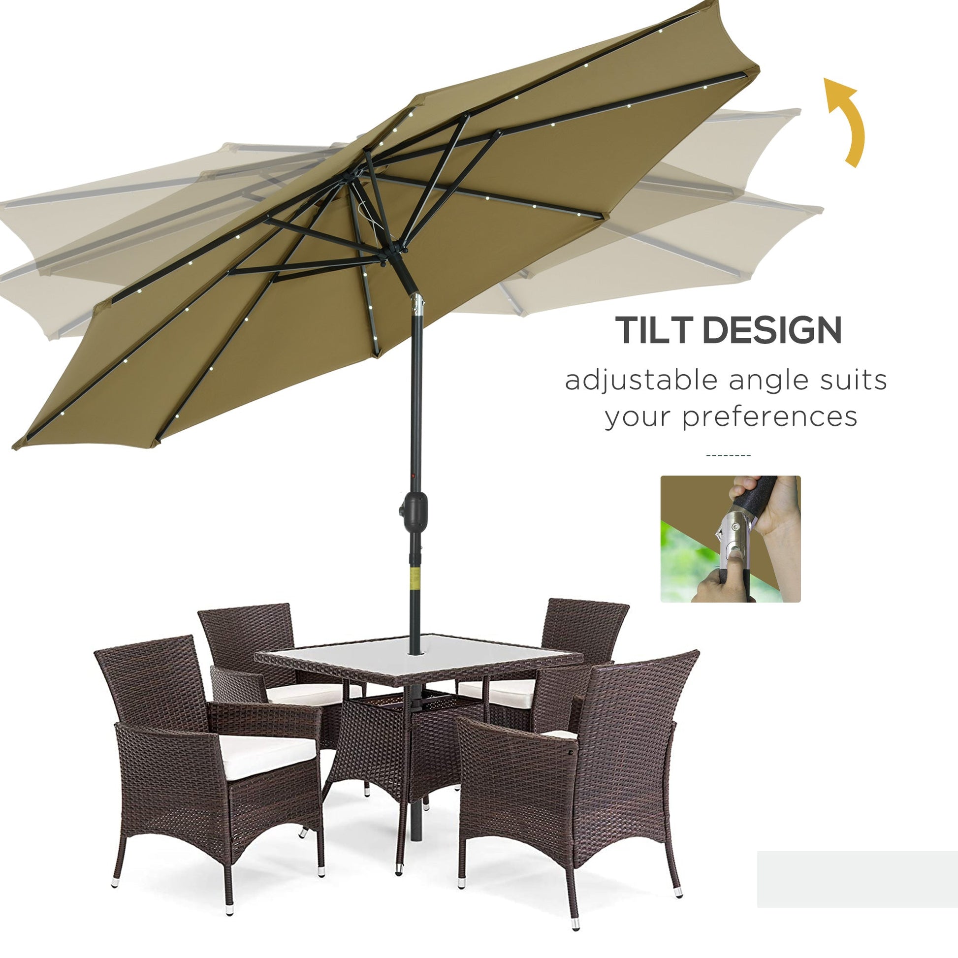 9ft Solar Patio Umbrella Outdoor Sunshade 24 LED Lights Tilt Canopy, Brown