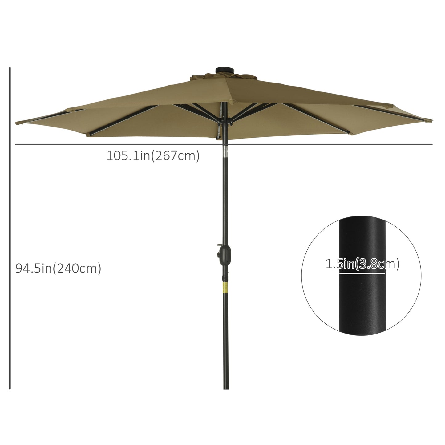 9ft Solar Patio Umbrella Outdoor Sunshade 24 LED Lights Tilt Canopy, Brown