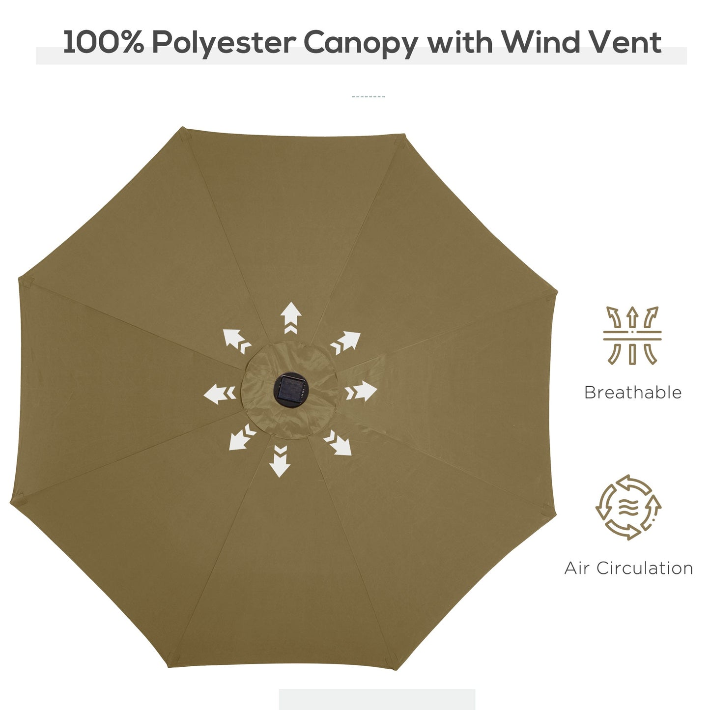 9ft Solar Patio Umbrella Outdoor Sunshade 24 LED Lights Tilt Canopy, Brown