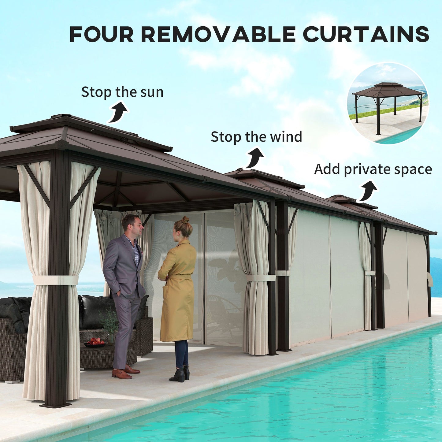 10' x 13' Hardtop Gazebo Canopy with UPF30+ Double Polycarbonate Roof, Aluminum Frame Outdoor Gazebo Permanent Pavilion with Mosquito Netting and Curtains, Beige