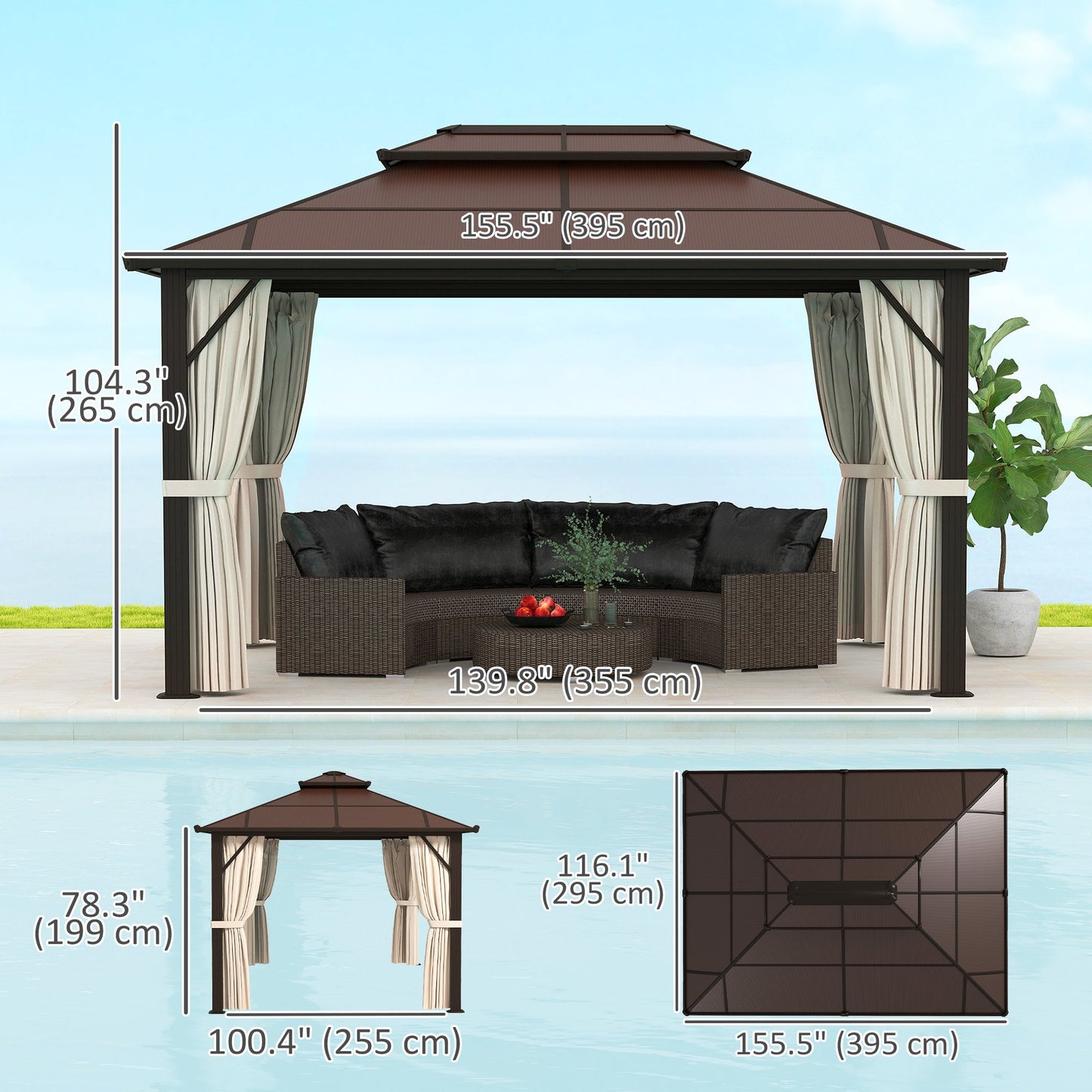 10' x 13' Hardtop Gazebo Canopy with UPF30+ Double Polycarbonate Roof, Aluminum Frame Outdoor Gazebo Permanent Pavilion with Mosquito Netting and Curtains, Beige