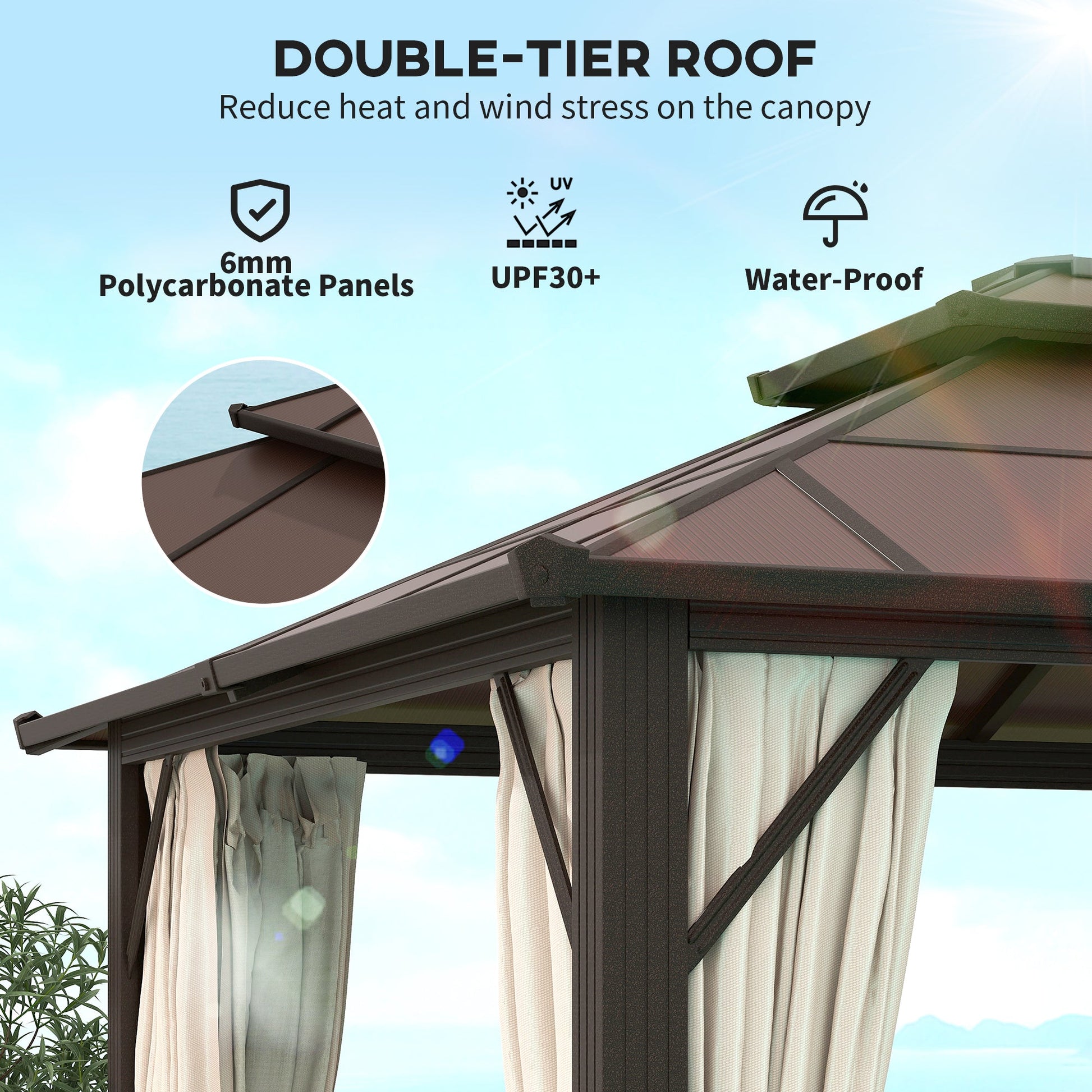 10' x 13' Hardtop Gazebo Canopy with UPF30+ Double Polycarbonate Roof, Aluminum Frame Outdoor Gazebo Permanent Pavilion with Mosquito Netting and Curtains, Beige
