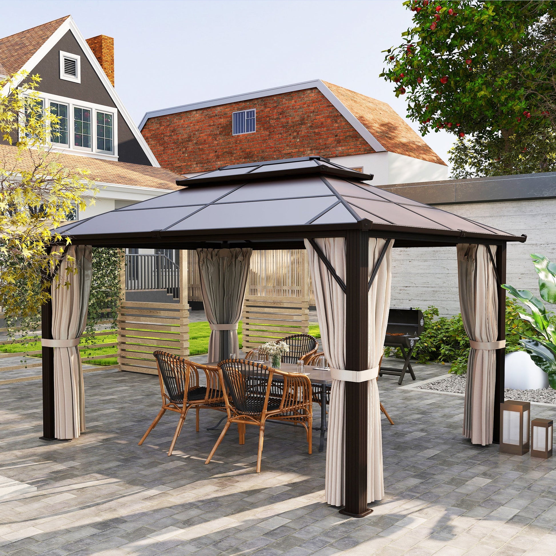 10' x 13' Hardtop Gazebo Canopy with UPF30+ Double Polycarbonate Roof, Aluminum Frame Outdoor Gazebo Permanent Pavilion with Mosquito Netting and Curtains, Beige