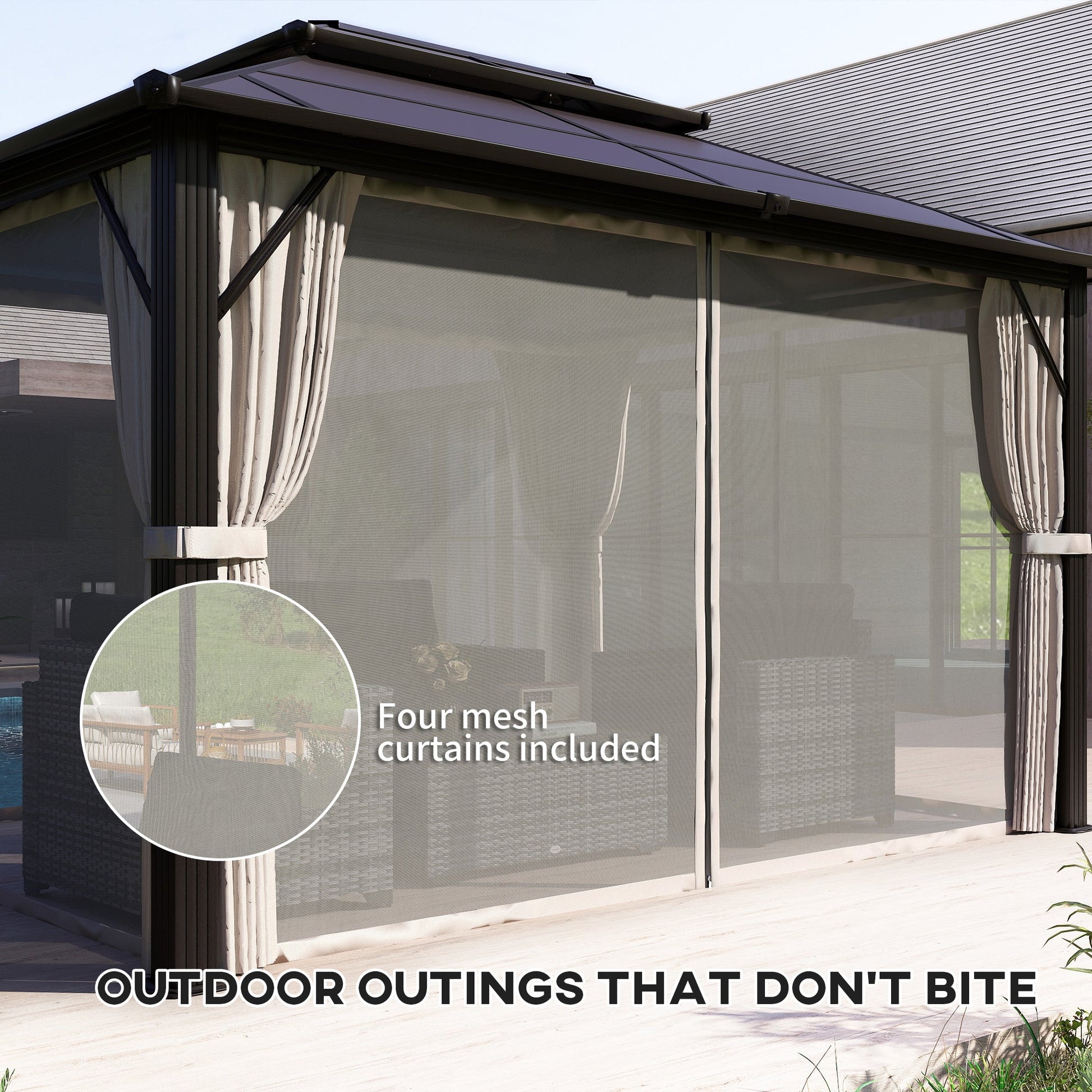 10' x 13' Hardtop Gazebo Canopy with UPF30+ Double Polycarbonate Roof, Aluminum Frame Outdoor Gazebo Permanent Pavilion with Mosquito Netting and Curtains, Beige