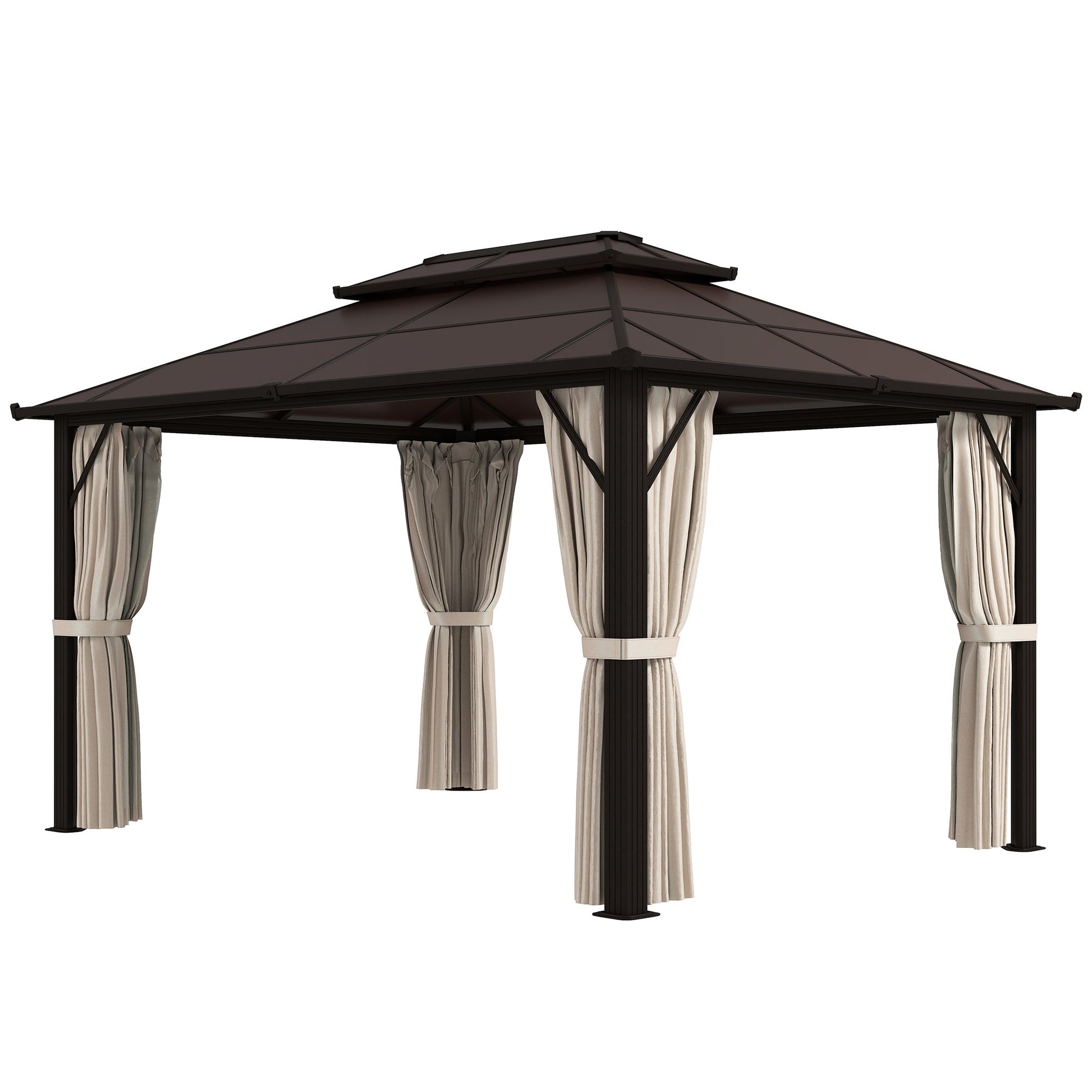 10' x 13' Hardtop Gazebo Canopy with UPF30+ Double Polycarbonate Roof, Aluminum Frame Outdoor Gazebo Permanent Pavilion with Mosquito Netting and Curtains, Beige
