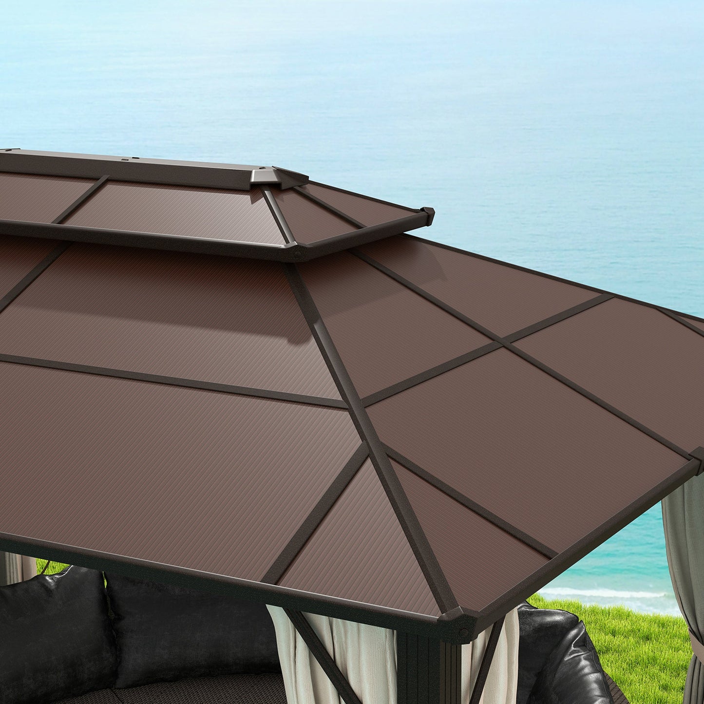 10' x 13' Hardtop Gazebo Canopy with UPF30+ Double Polycarbonate Roof, Aluminum Frame Outdoor Gazebo Permanent Pavilion with Mosquito Netting and Curtains, Beige