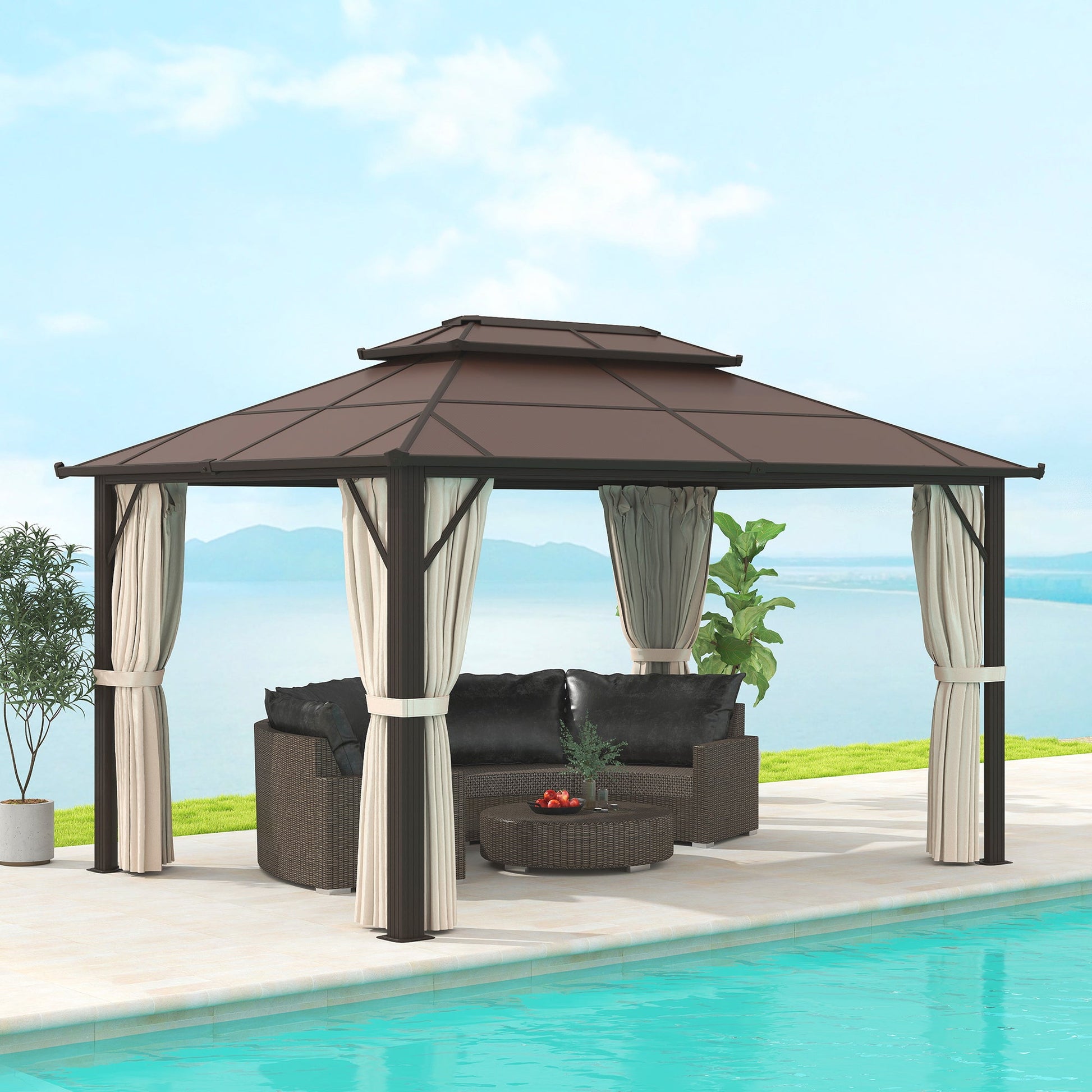 10' x 13' Hardtop Gazebo Canopy with UPF30+ Double Polycarbonate Roof, Aluminum Frame Outdoor Gazebo Permanent Pavilion with Mosquito Netting and Curtains, Beige