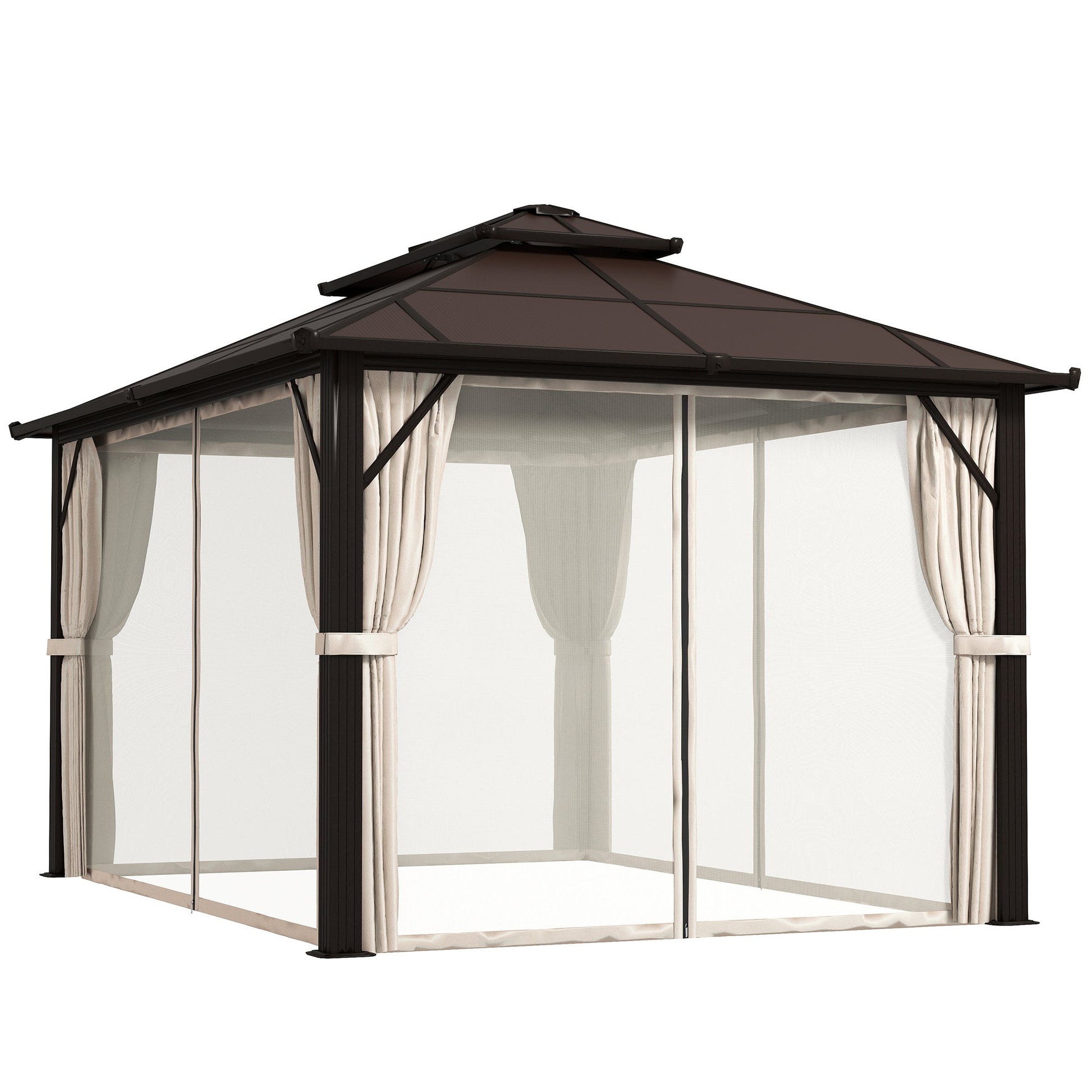 10' x 13' Hardtop Gazebo Canopy with UPF30+ Double Polycarbonate Roof, Aluminum Frame Outdoor Gazebo Permanent Pavilion with Mosquito Netting and Curtains, Beige