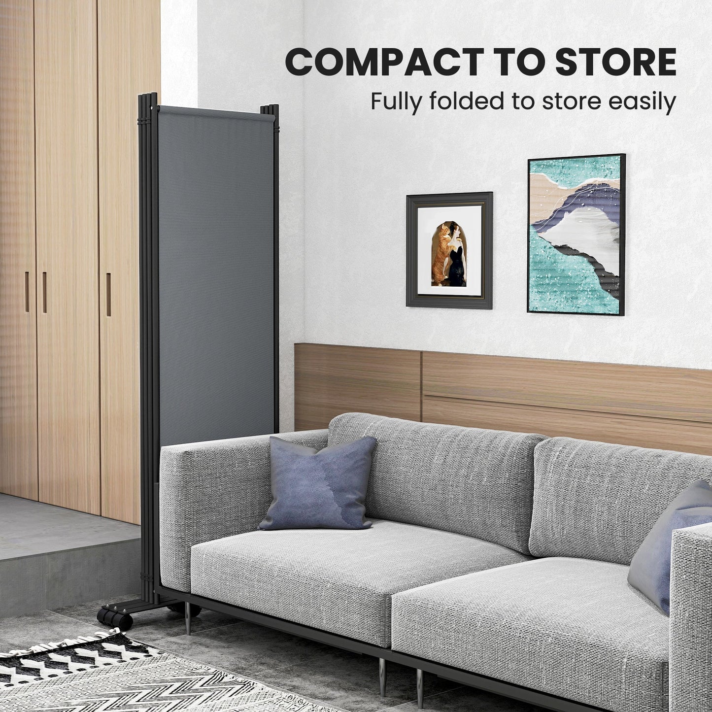 4 Panel Folding Room Divider with Lockable Wheels, 5.6ft Rolling Privacy Screen, Portable Freestanding Room Partition Separator for Home Office Bedroom, Dark Grey