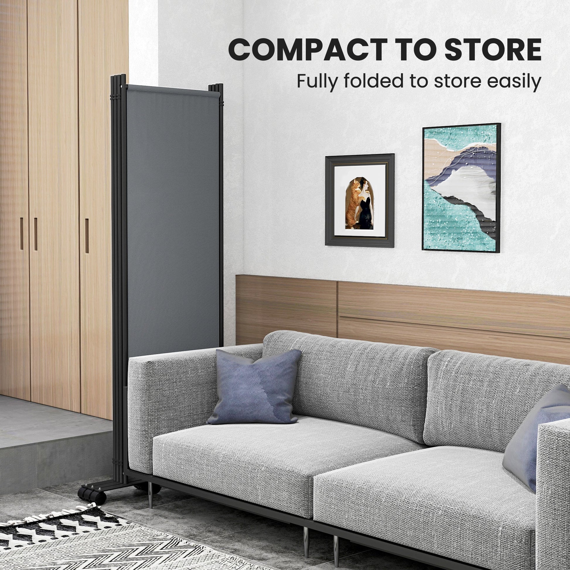 4 Panel Folding Room Divider with Lockable Wheels, 5.6ft Rolling Privacy Screen, Portable Freestanding Room Partition Separator for Home Office Bedroom, Dark Grey
