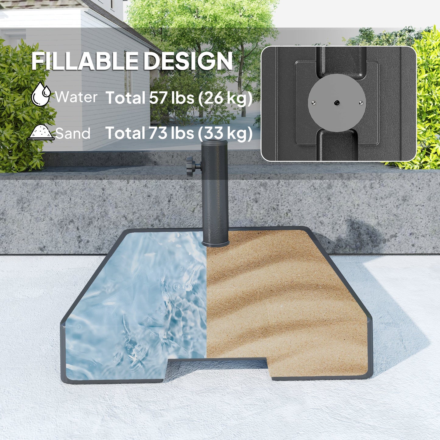 Patio Umbrella Base with Wheels Handle, Heavy Duty Outdoor Umbrella Stand Base, Filled Up to 73lbs with Stand or 57lbs with Water for Garden, Poolside, Black