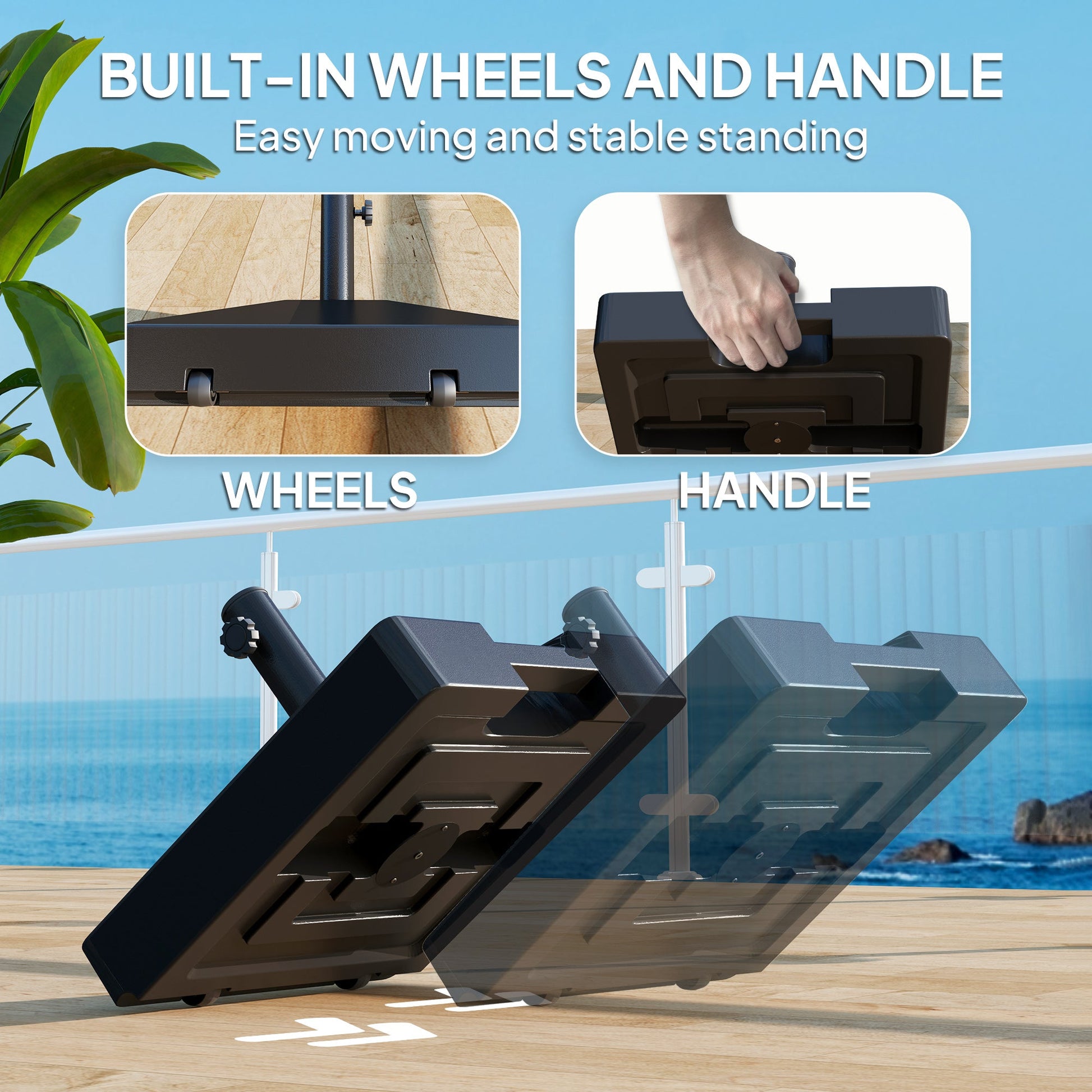 Patio Umbrella Base with Wheels Handle, Heavy Duty Outdoor Umbrella Stand Base, Filled Up to 73lbs with Stand or 57lbs with Water for Garden, Poolside, Black