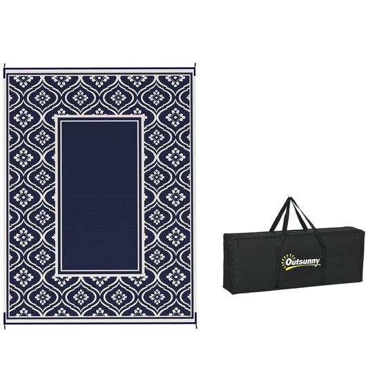 Reversible Outdoor RV Rug with Carry Bag, 9' x 12' Patio Floor Mat, Plastic Straw Rug for Backyard, Deck, Picnic, Beach, Camping, Gourd Border, Blue and White