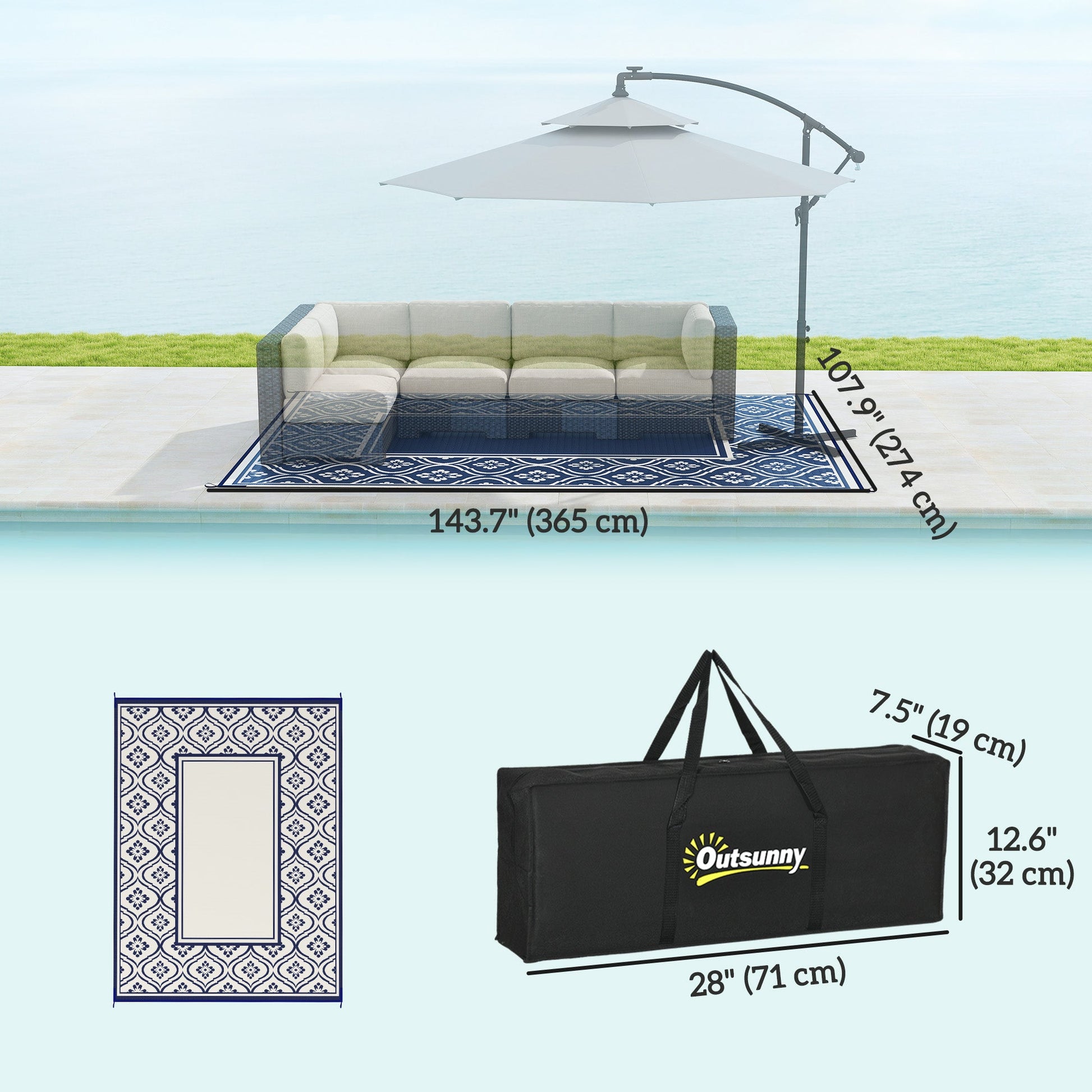 Reversible Outdoor RV Rug with Carry Bag, 9' x 12' Patio Floor Mat, Plastic Straw Rug for Backyard, Deck, Picnic, Beach, Camping, Gourd Border, Blue and White