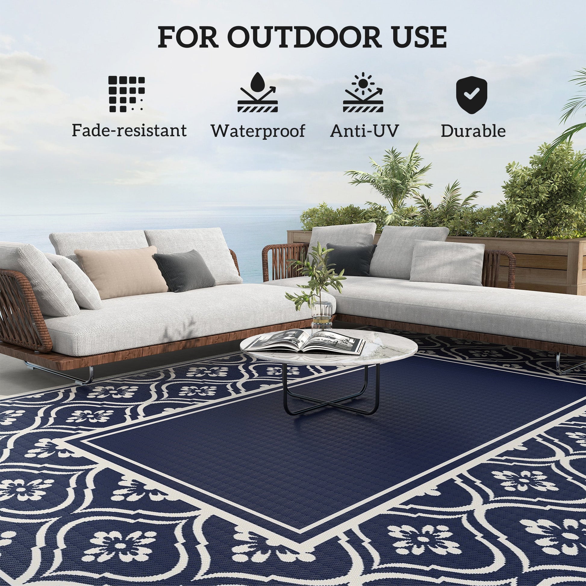 Reversible Outdoor RV Rug with Carry Bag, 9' x 12' Patio Floor Mat, Plastic Straw Rug for Backyard, Deck, Picnic, Beach, Camping, Gourd Border, Blue and White