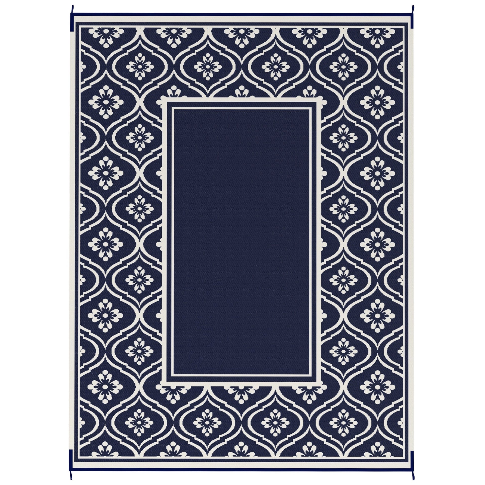 Reversible Outdoor RV Rug with Carry Bag, 9' x 12' Patio Floor Mat, Plastic Straw Rug for Backyard, Deck, Picnic, Beach, Camping, Gourd Border, Blue and White