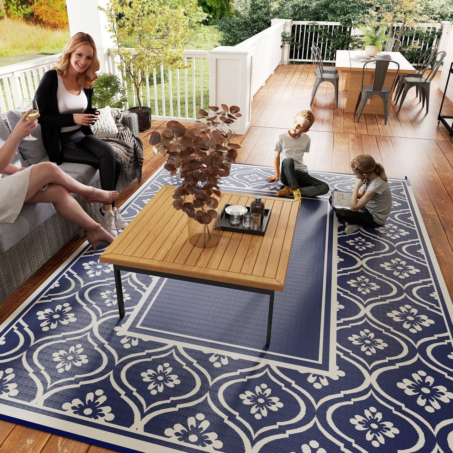Reversible Outdoor RV Rug with Carry Bag, 9' x 12' Patio Floor Mat, Plastic Straw Rug for Backyard, Deck, Picnic, Beach, Camping, Gourd Border, Blue and White