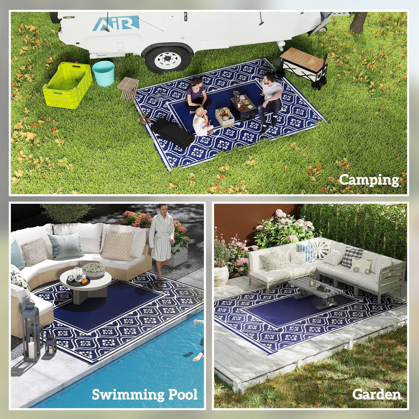Reversible Outdoor RV Rug with Carry Bag, 9' x 12' Patio Floor Mat, Plastic Straw Rug for Backyard, Deck, Picnic, Beach, Camping, Gourd Border, Blue and White