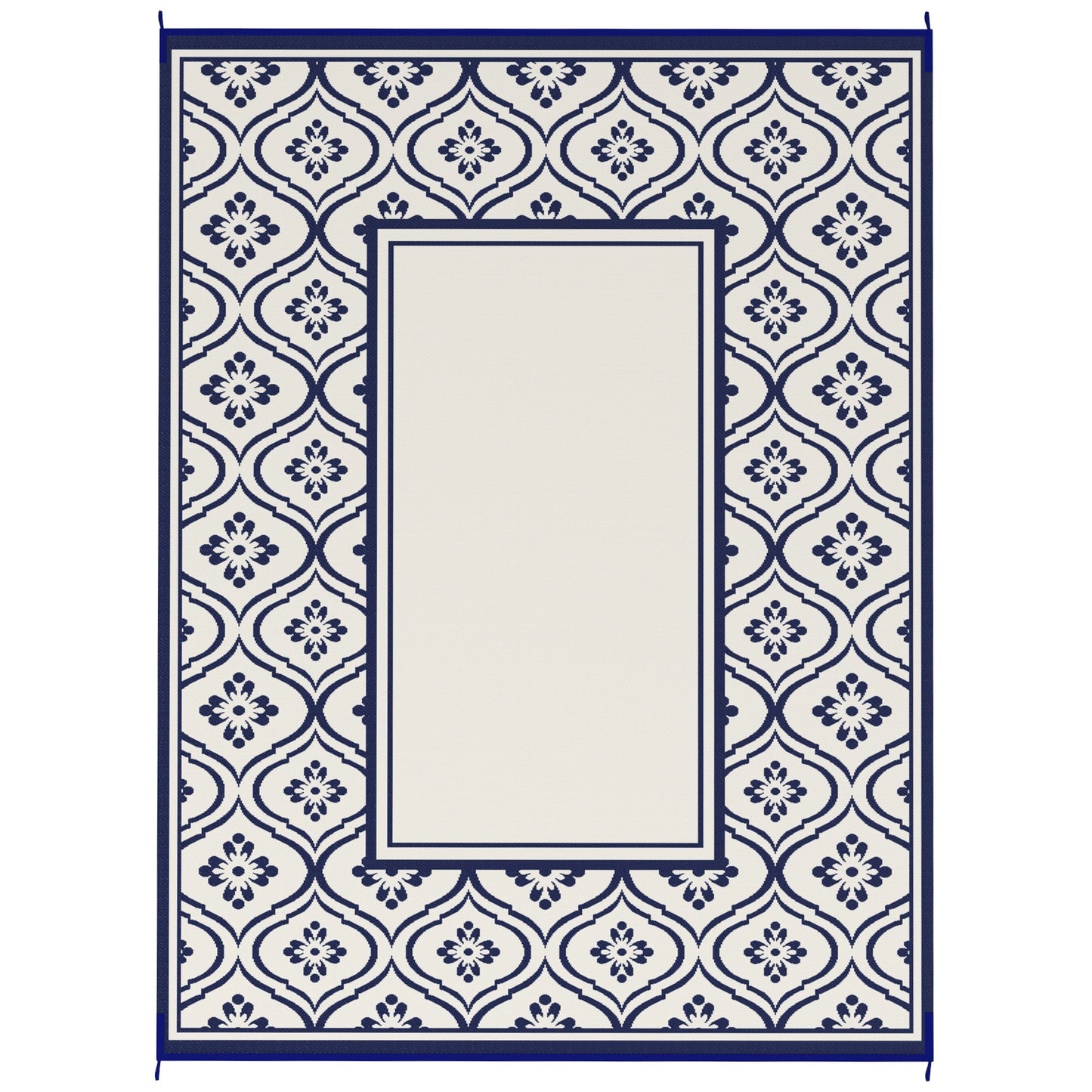 Reversible Outdoor RV Rug with Carry Bag, 9' x 12' Patio Floor Mat, Plastic Straw Rug for Backyard, Deck, Picnic, Beach, Camping, Gourd Border, Blue and White