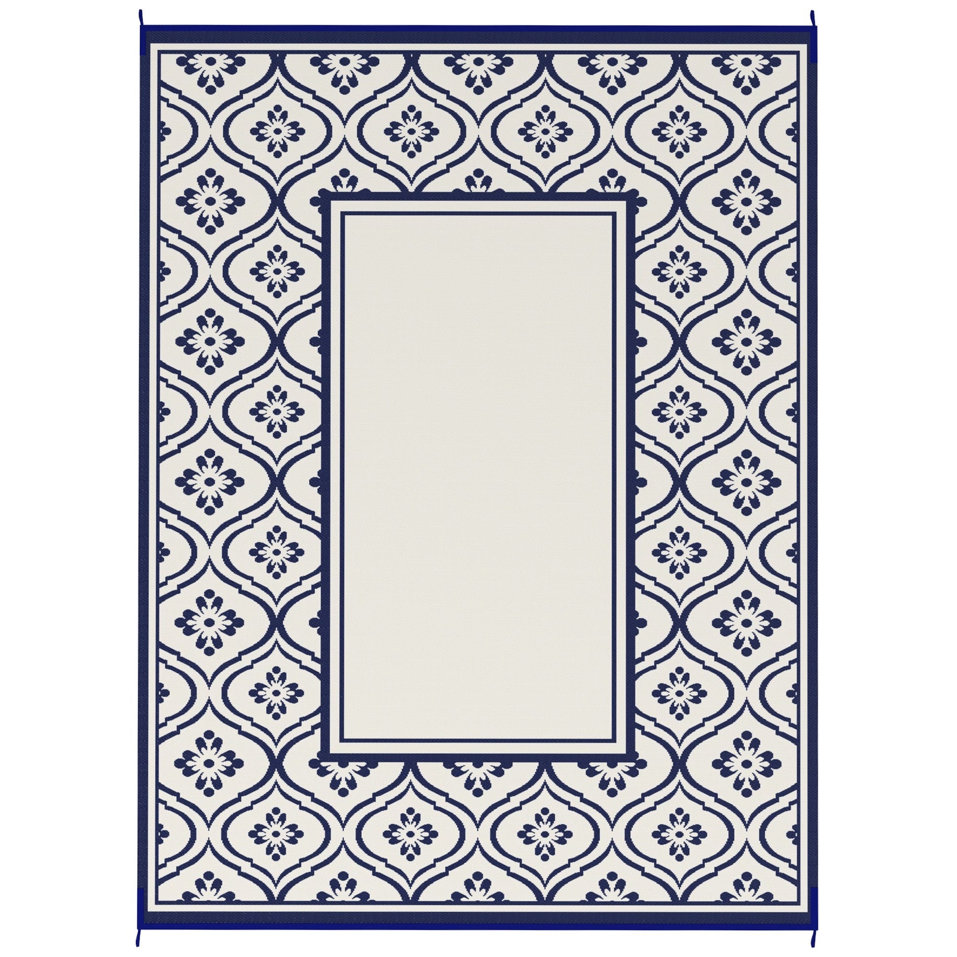 Reversible Outdoor RV Rug with Carry Bag, 9' x 12' Patio Floor Mat, Plastic Straw Rug for Backyard, Deck, Picnic, Beach, Camping, Gourd Border, Blue and White