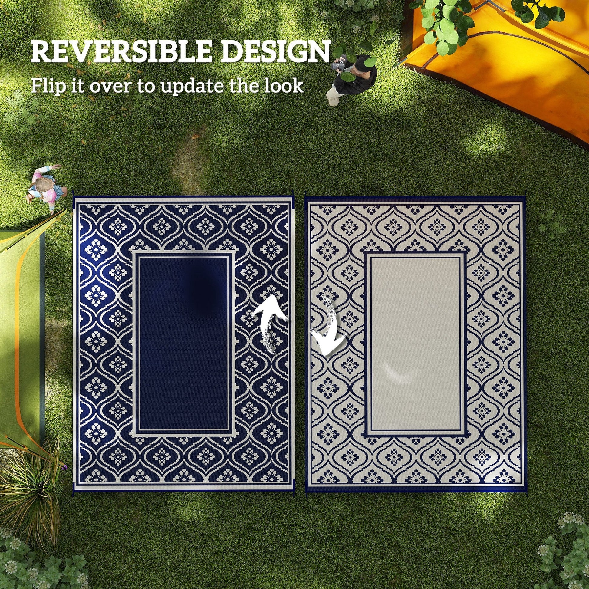 Reversible Outdoor RV Rug with Carry Bag, 9' x 12' Patio Floor Mat, Plastic Straw Rug for Backyard, Deck, Picnic, Beach, Camping, Gourd Border, Blue and White