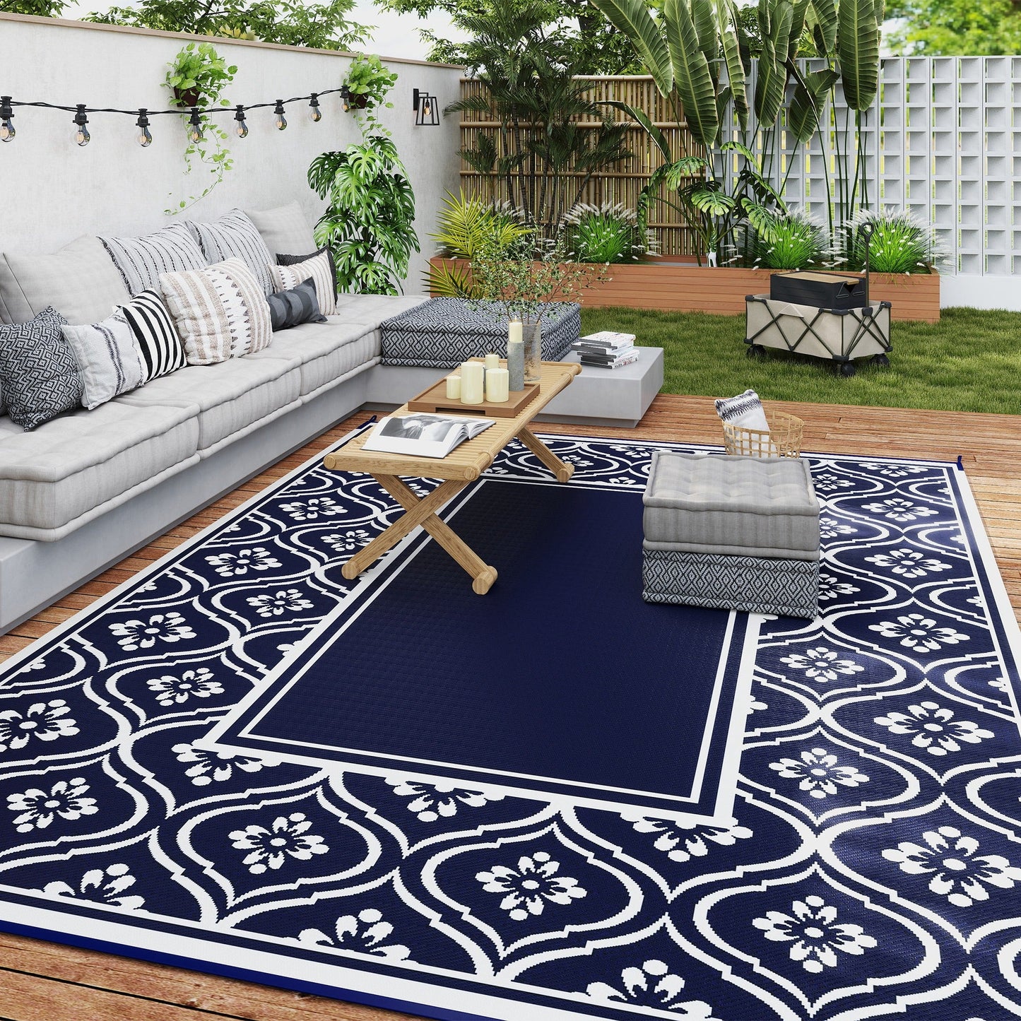 Reversible Outdoor RV Rug with Carry Bag, 9' x 12' Patio Floor Mat, Plastic Straw Rug for Backyard, Deck, Picnic, Beach, Camping, Gourd Border, Blue and White